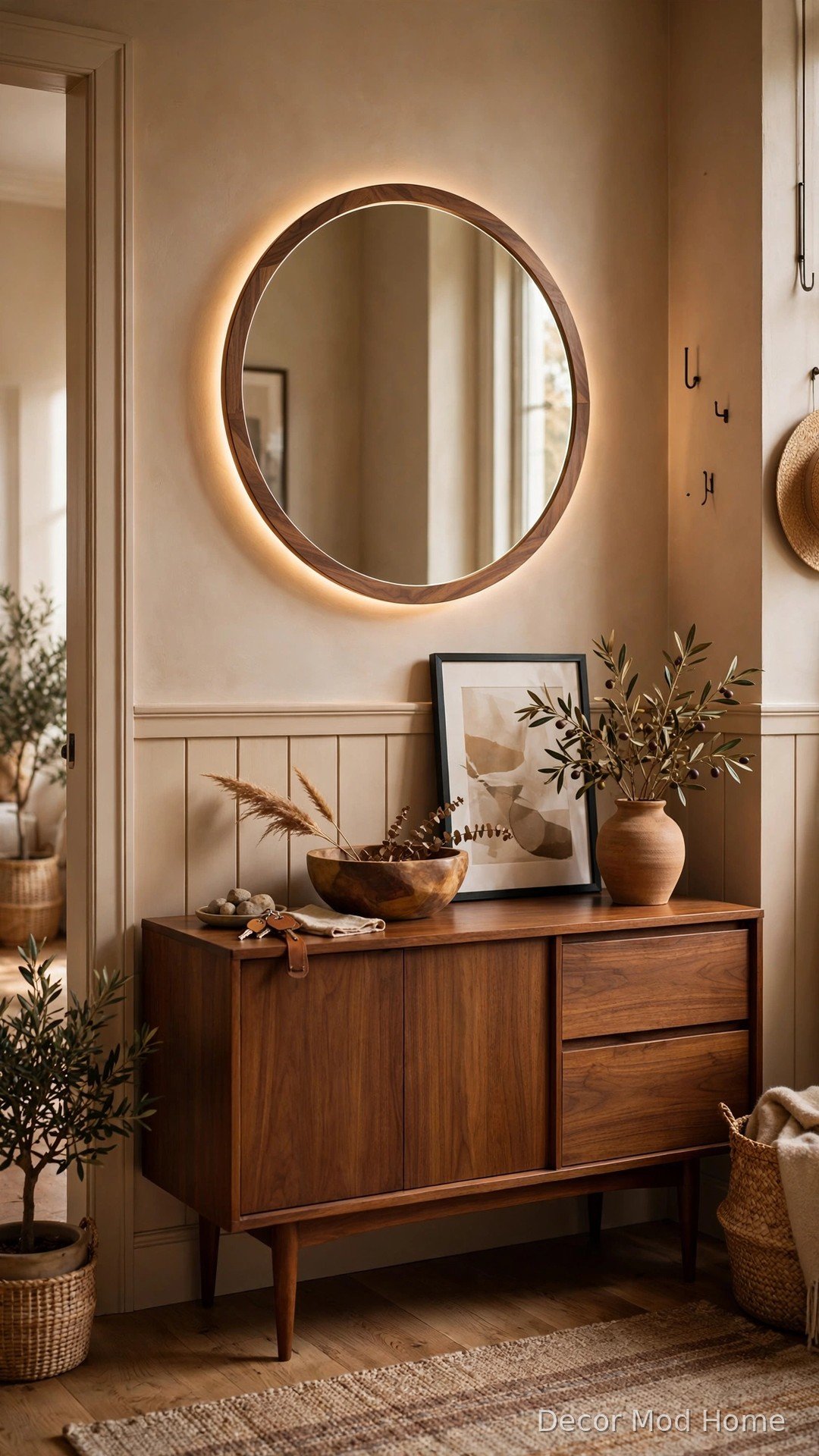 Walnut wood framed circular LED mirror in warm entryway