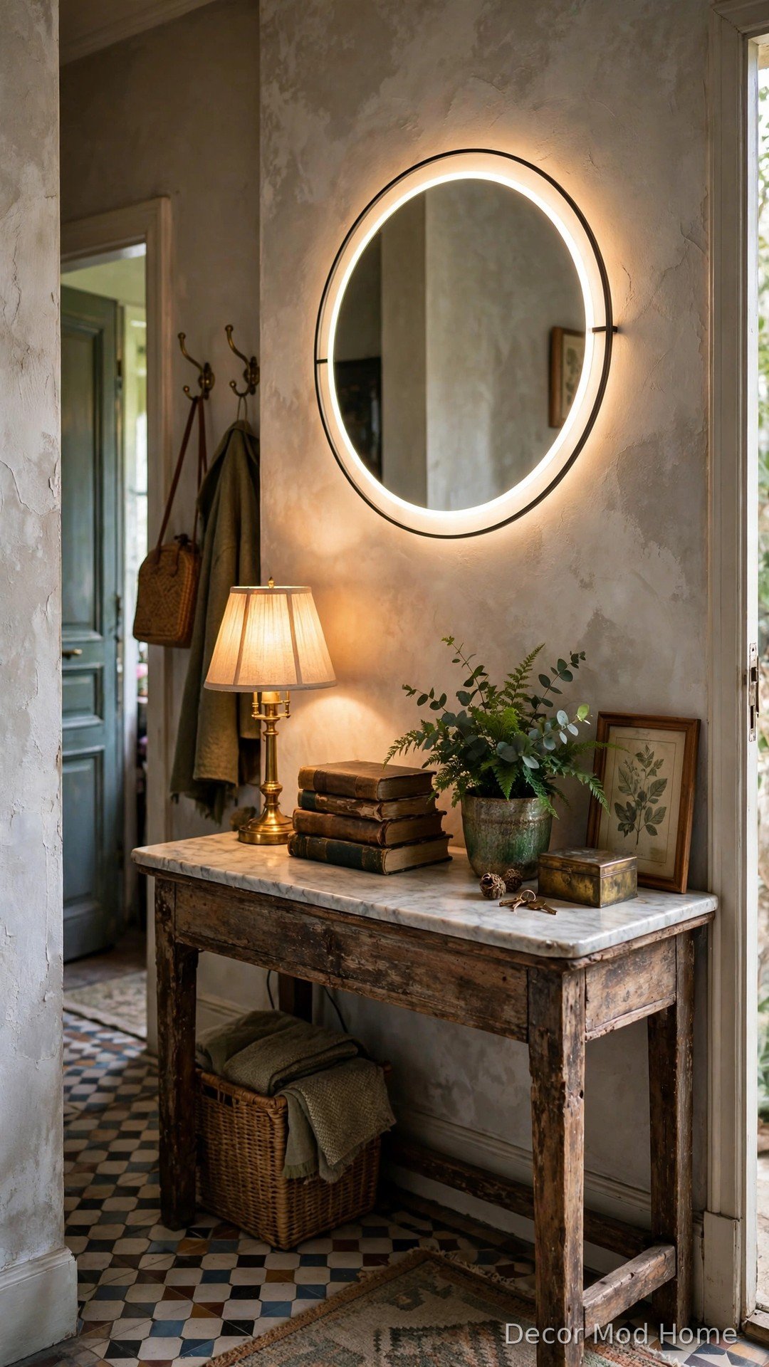 Modern circular LED mirror above vintage wooden console table