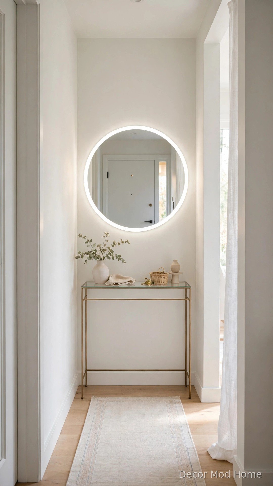 Round LED mirror making small apartment entryway feel larger