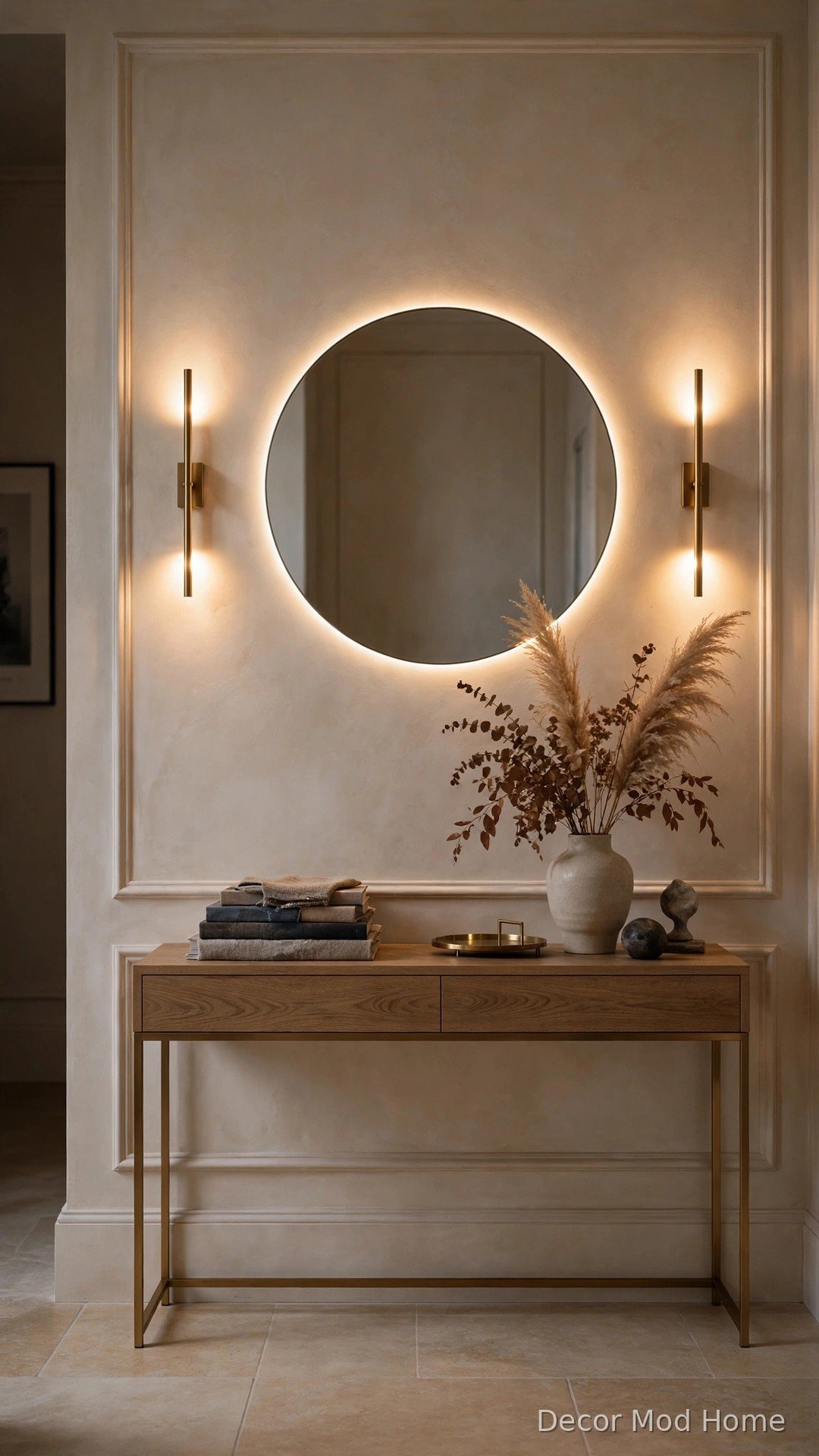 Circular LED mirror flanked by brass wall sconces in entryway