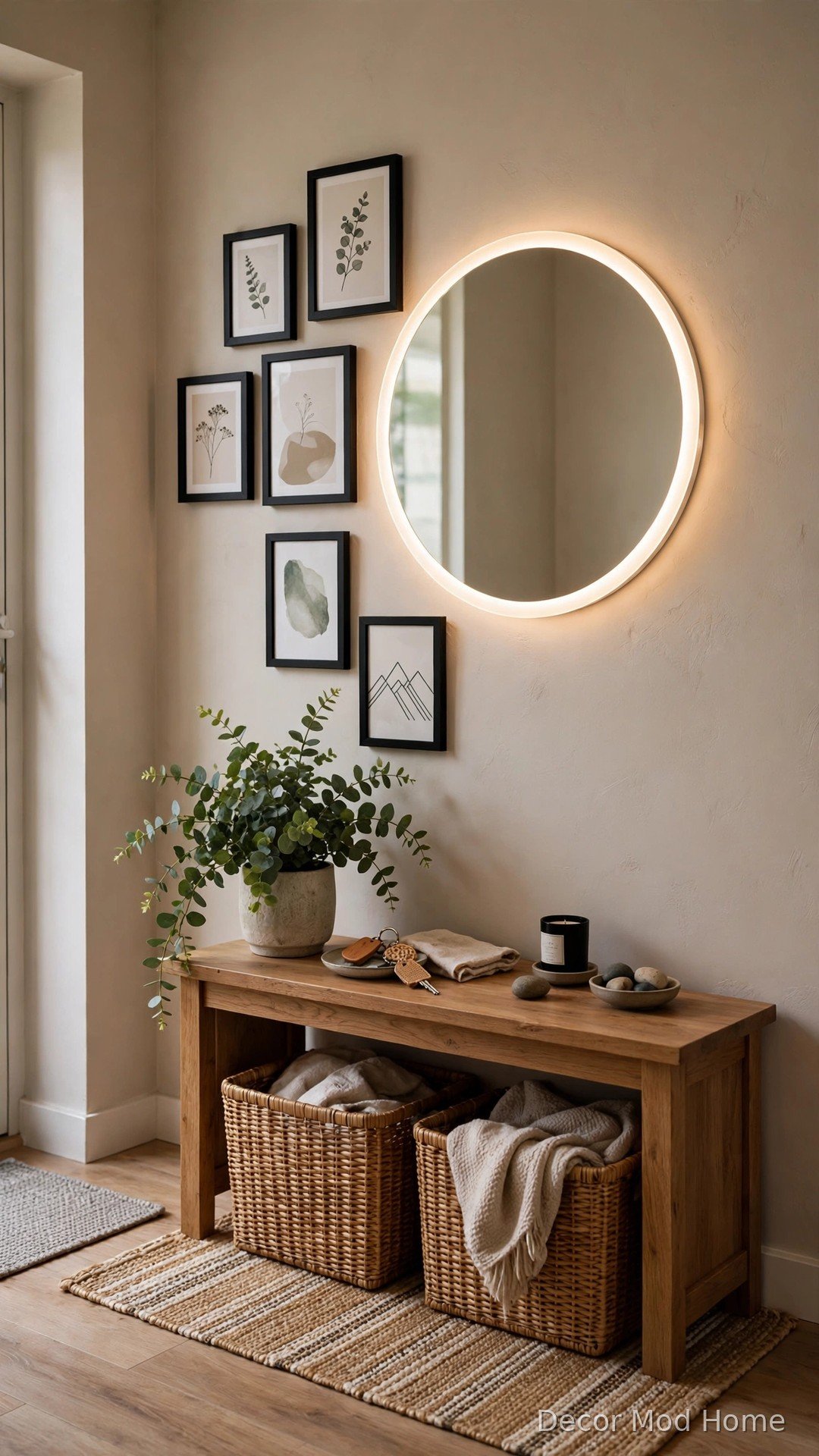 Circular LED mirror as anchor of small entryway gallery wall