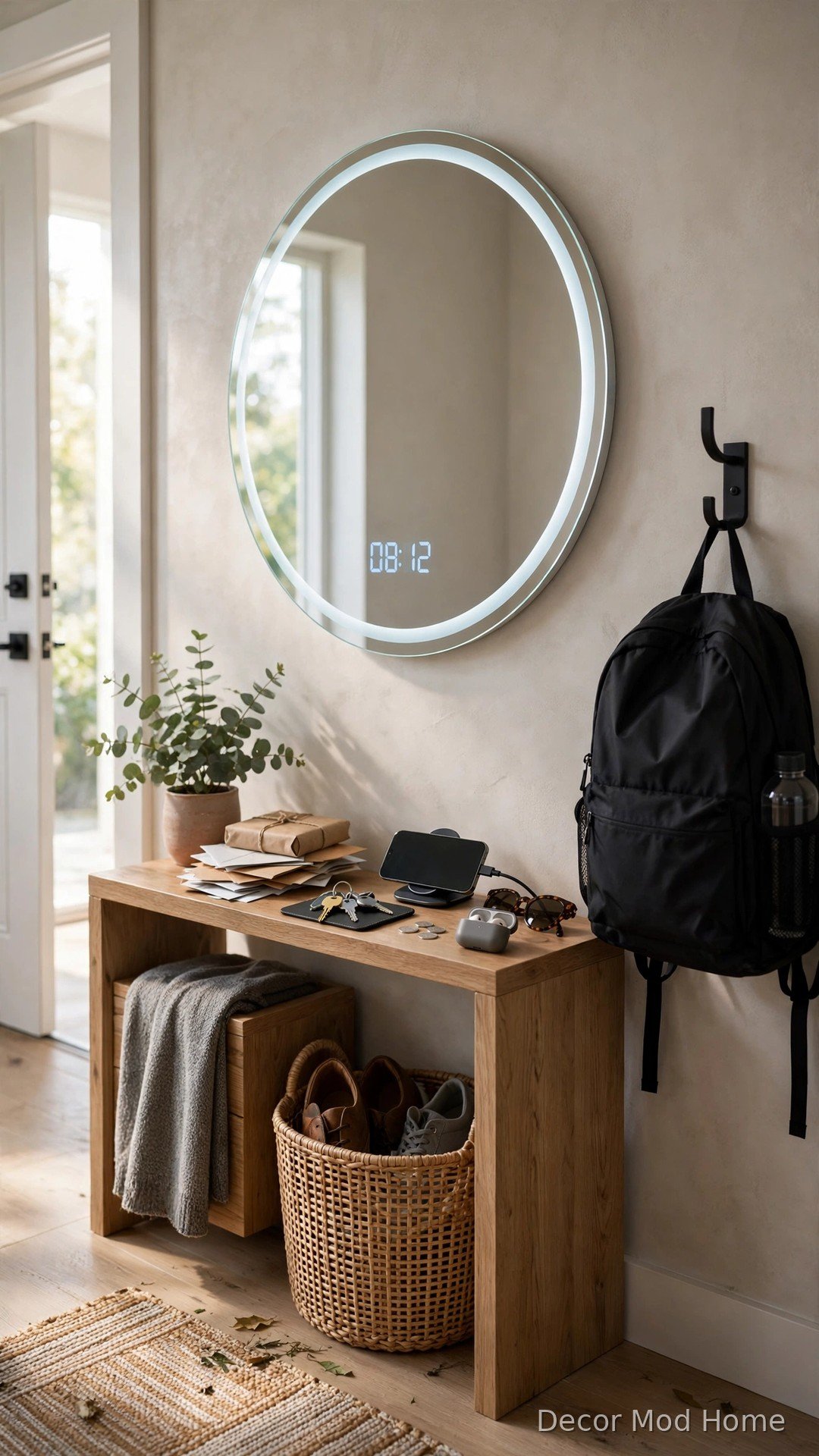 Circular LED mirror with built-in clock display in morning entryway
