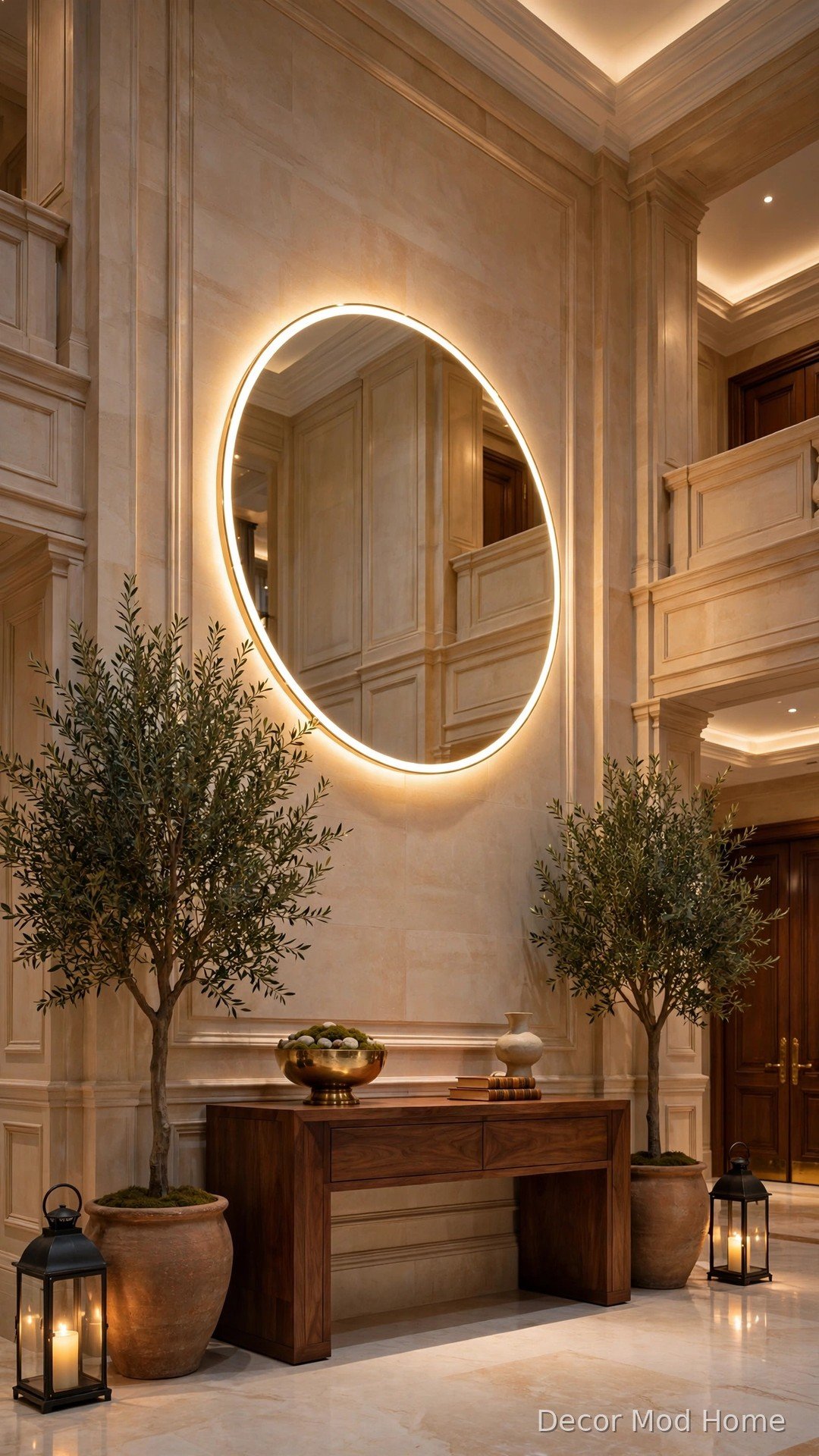 Grand 48-inch circular LED mirror in double-height foyer