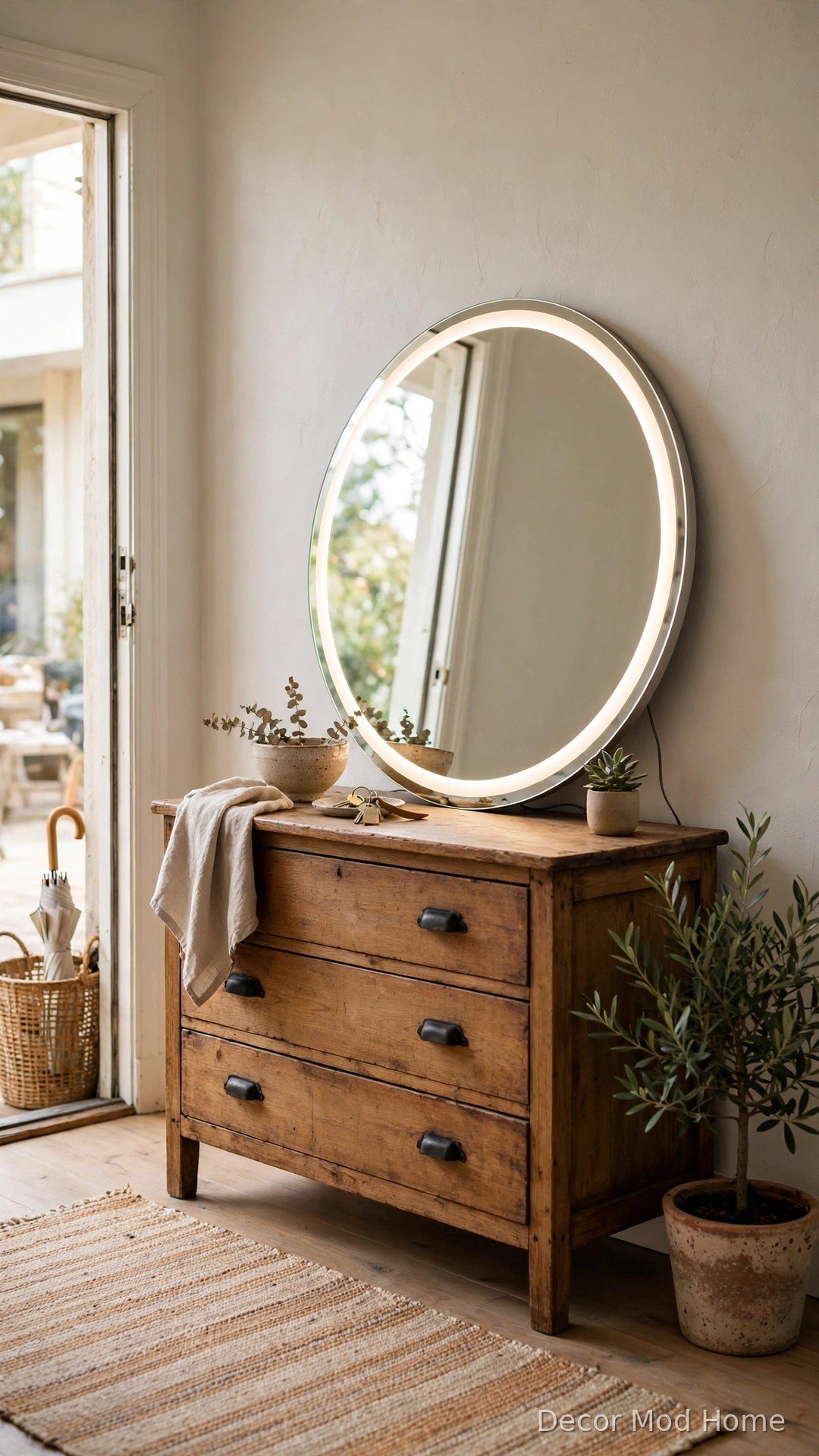 Oversized round LED mirror leaning on dresser in rental entryway