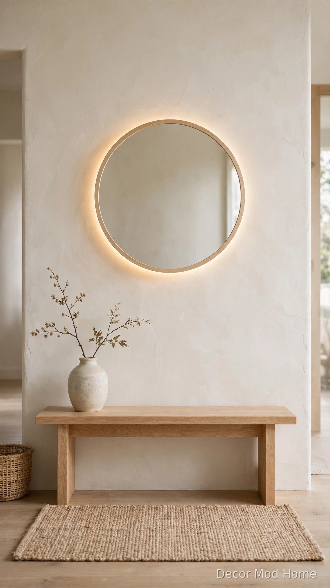 Japandi entryway with thin oak framed circular LED mirror