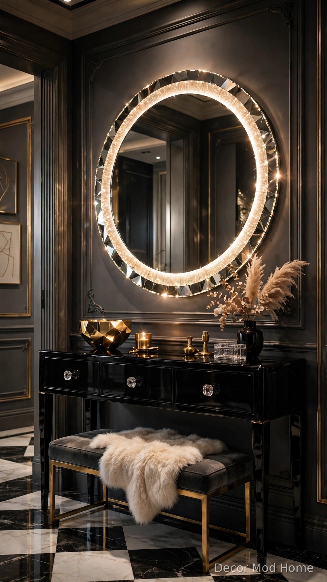 Glamorous beveled-edge circular LED mirror with champagne light