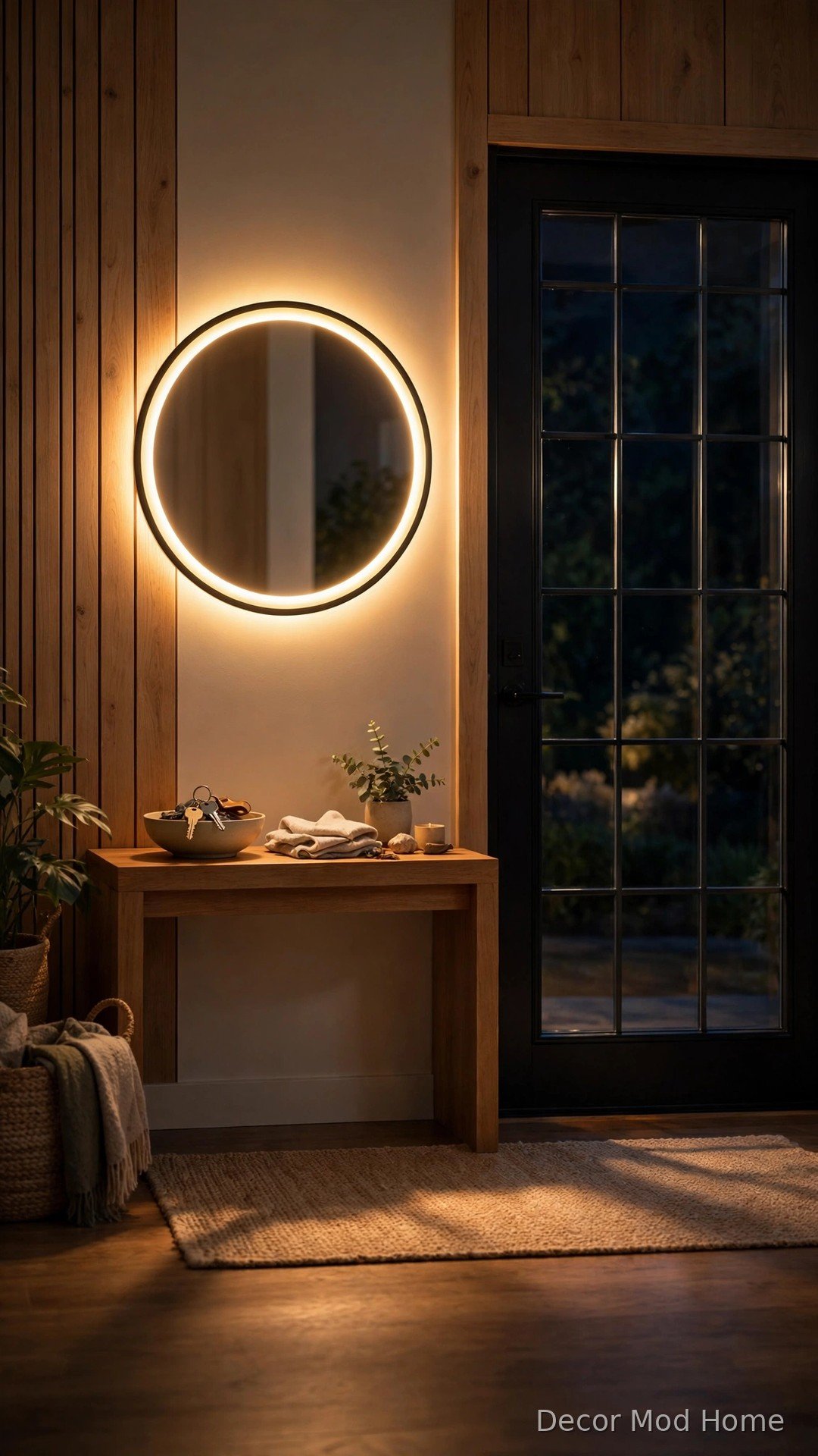 Motion-sensor circular LED mirror glowing in nighttime entryway