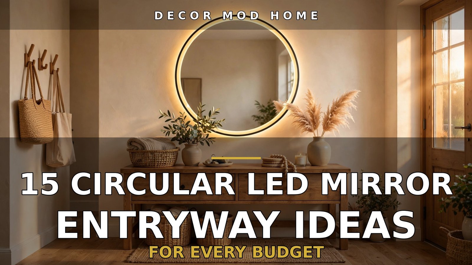 Warm entryway with glowing circular LED mirror and text overlay