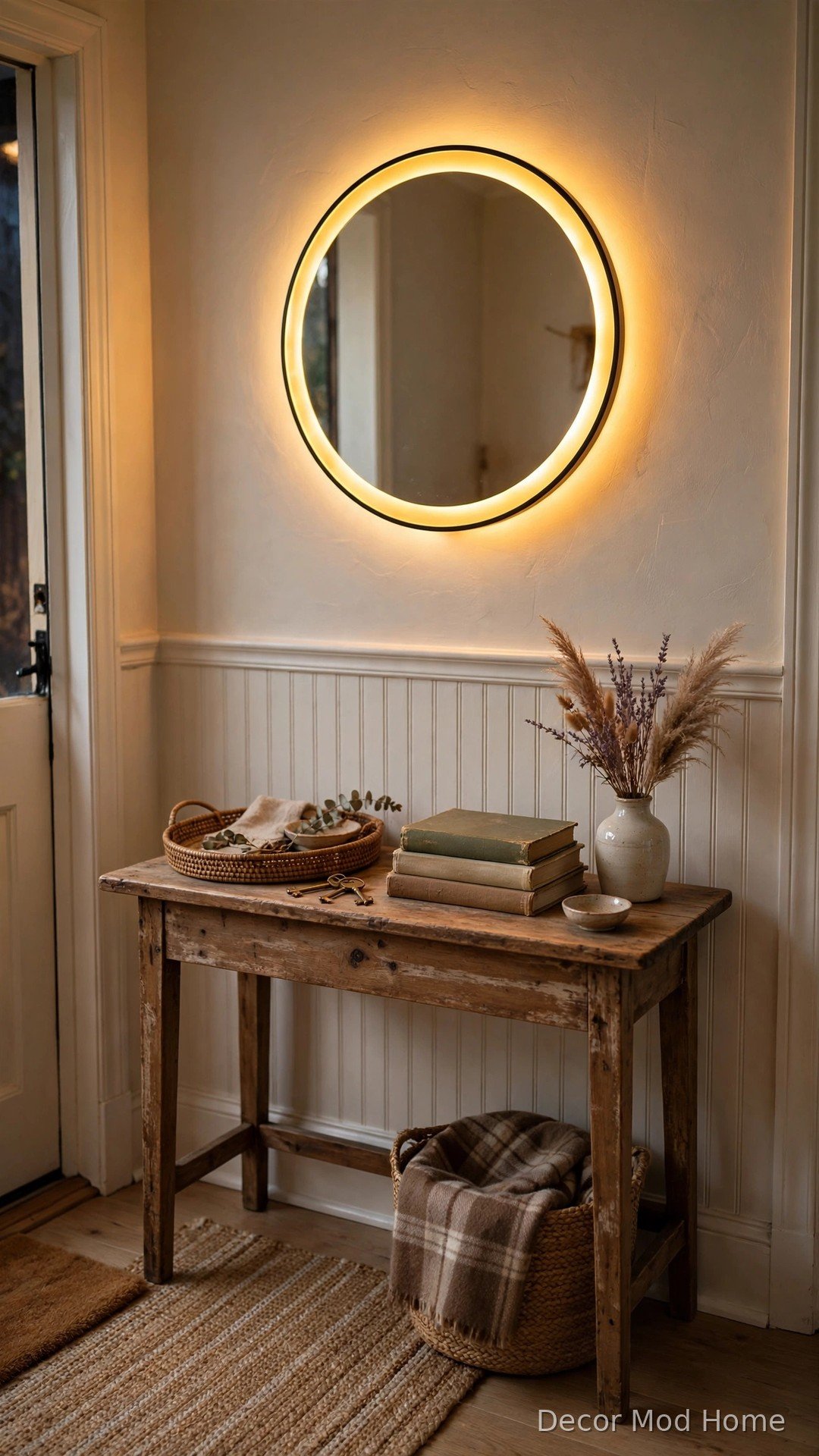 Affordable round LED mirror with warm glow above secondhand console table