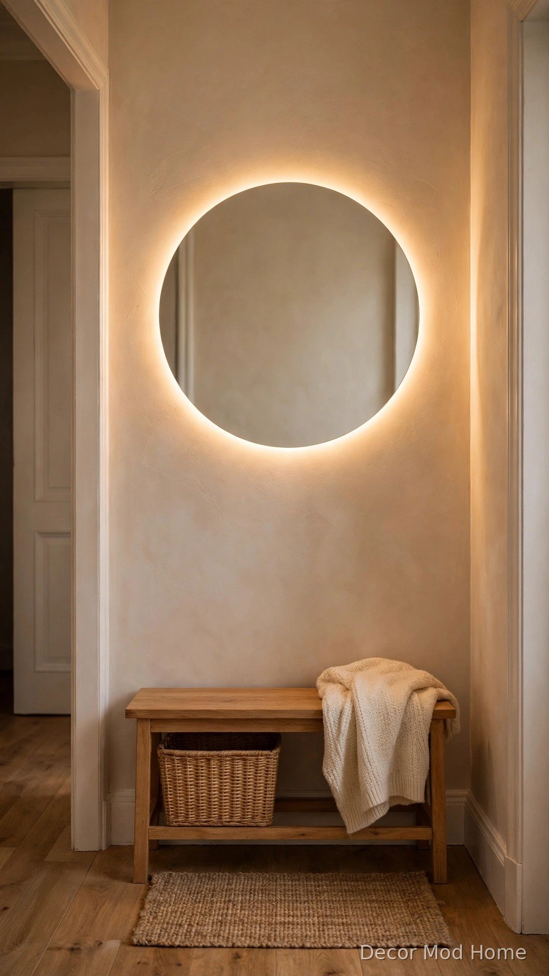 DIY LED strip halo glowing behind a plain round mirror