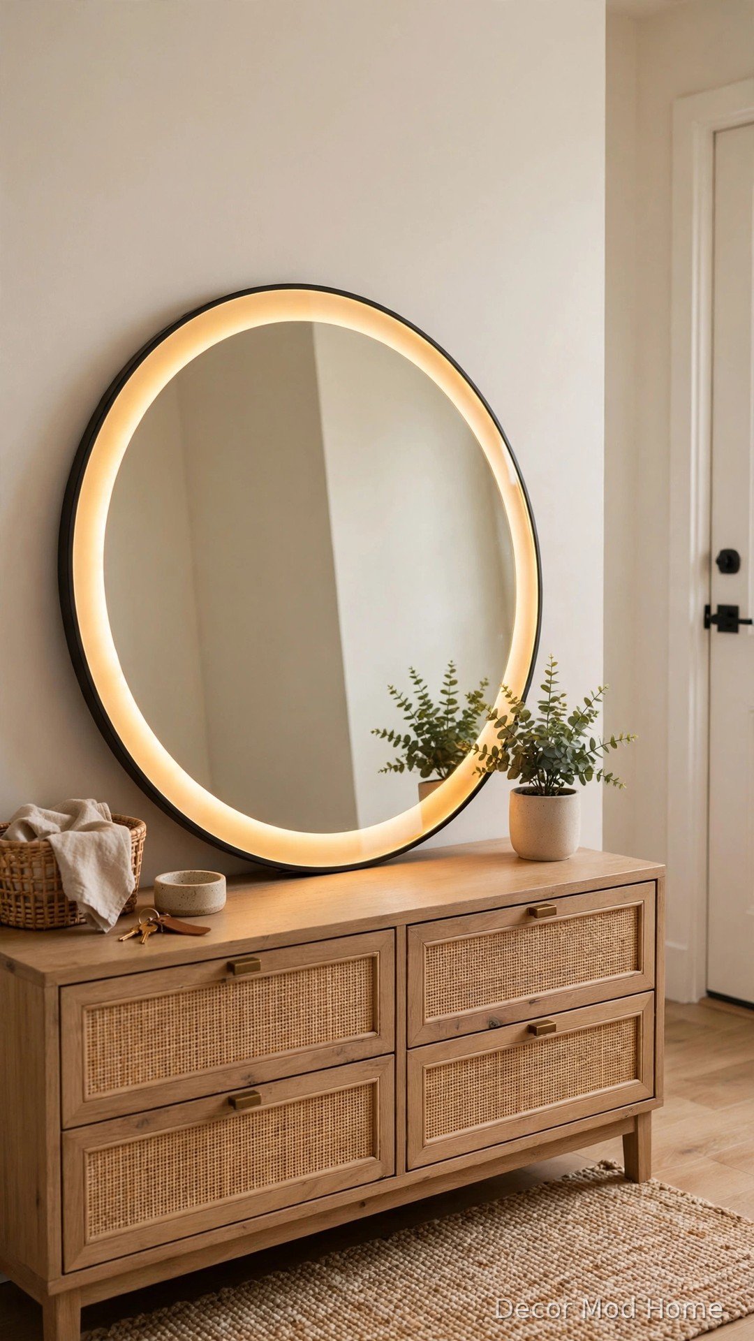 Round LED mirror leaning on dresser in a renter-friendly entryway