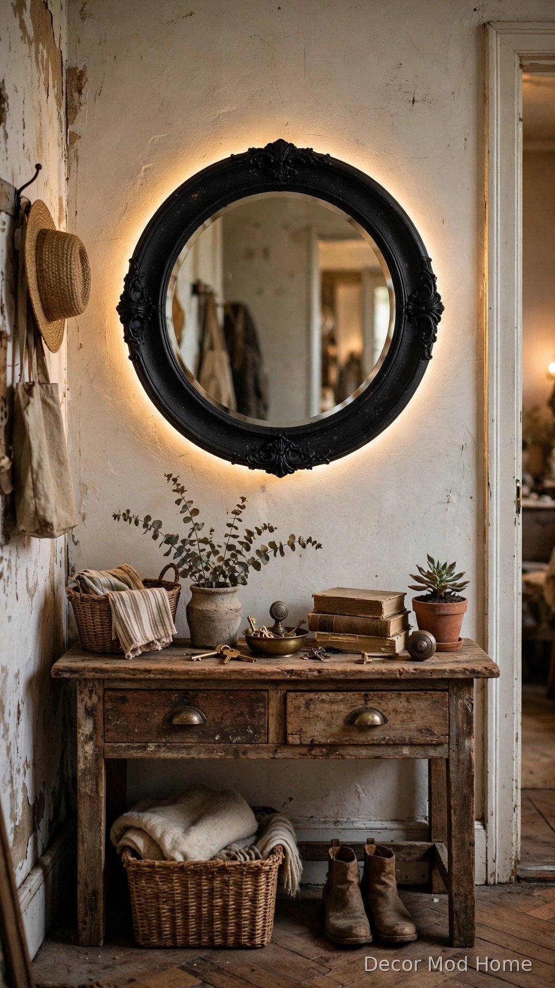 Thrifted round mirror with refinished black frame and LED halo