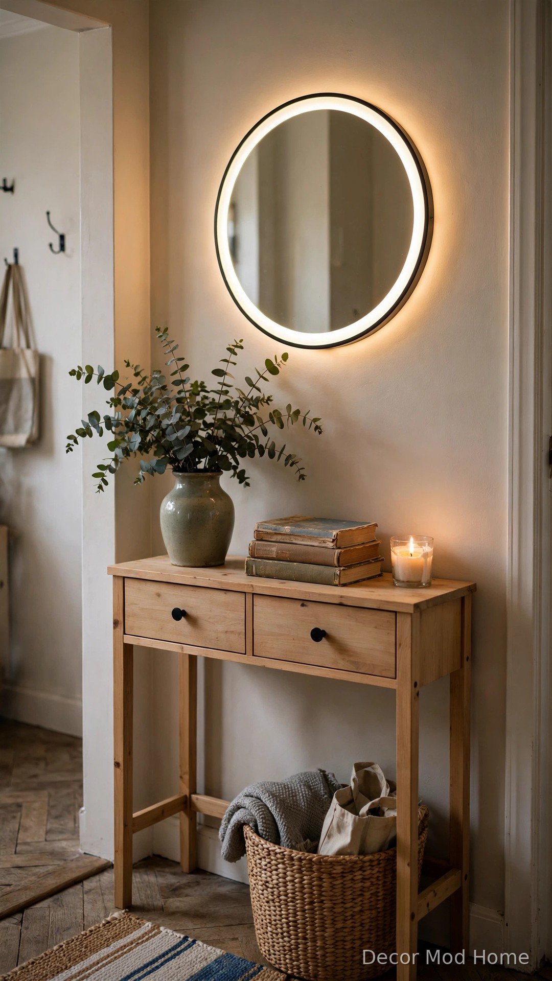 Budget console table styled with thrifted decor under glowing LED mirror