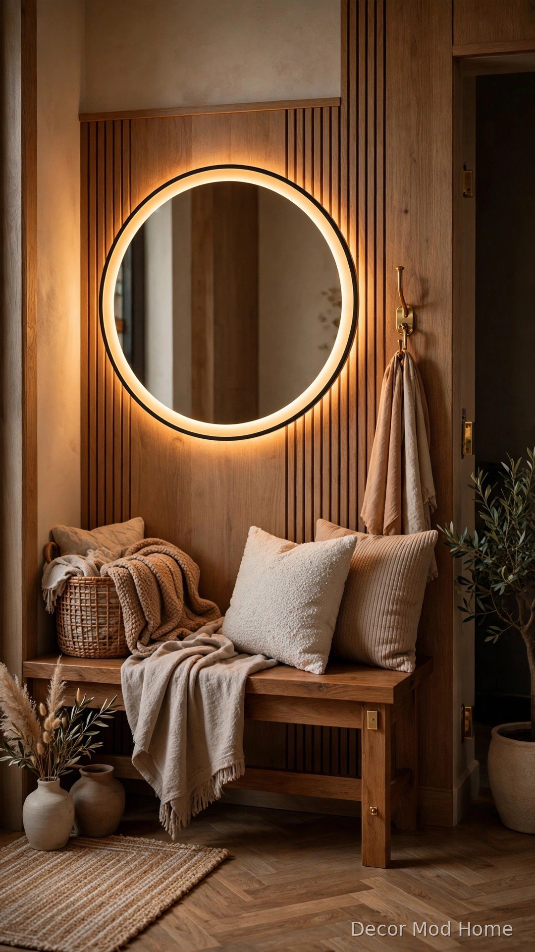 Round LED mirror with warm amber light in a cozy entryway