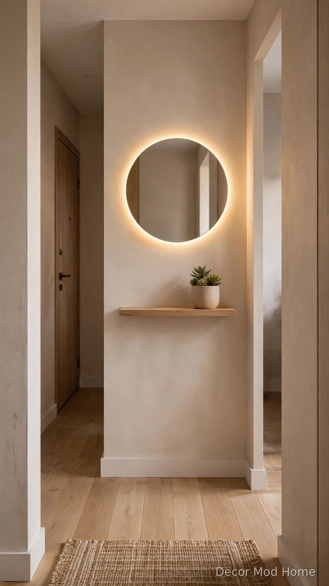 Compact 24-inch round LED mirror in a small apartment hallway