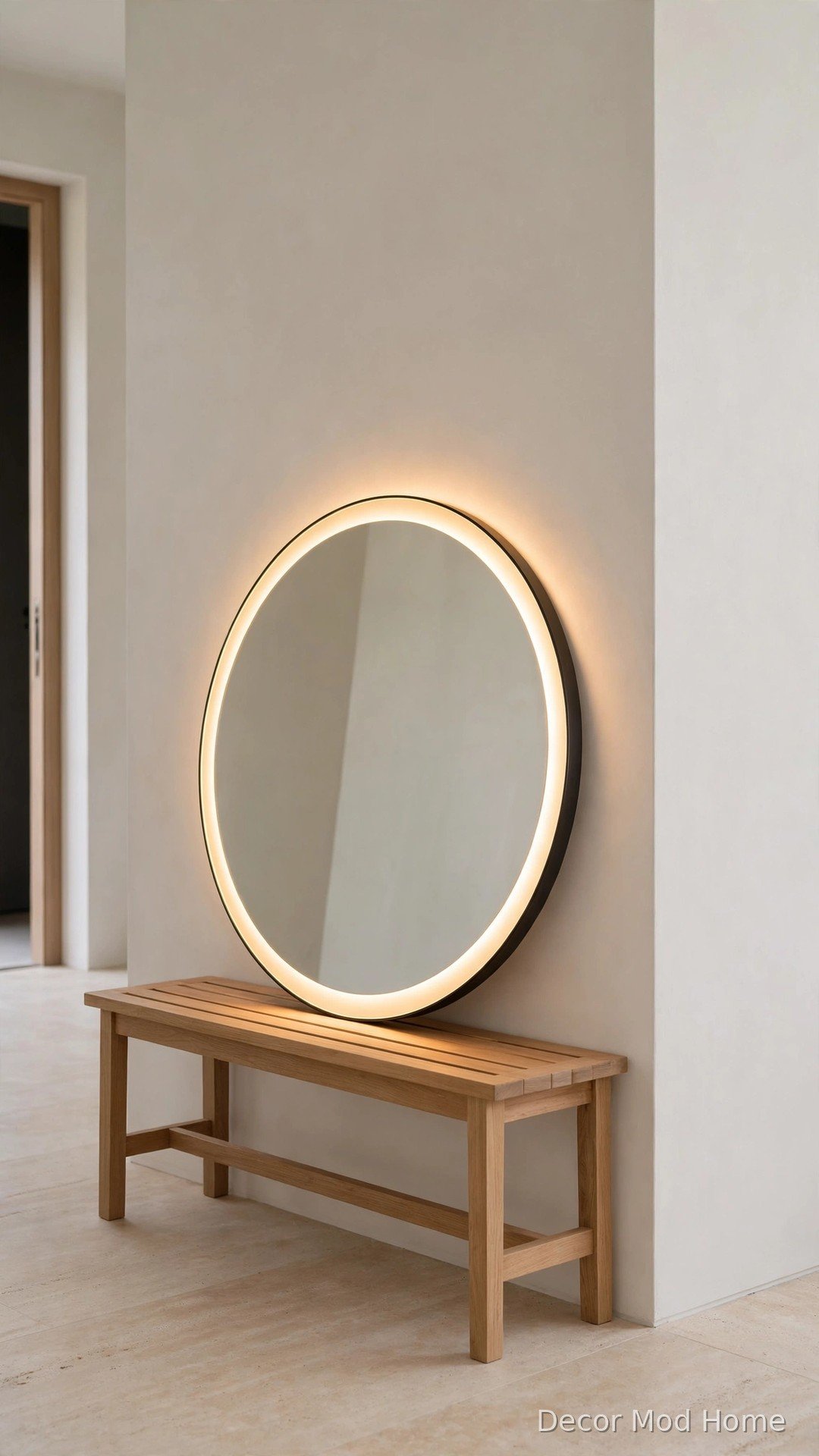 Cordless battery-powered round LED mirror in a minimal entryway