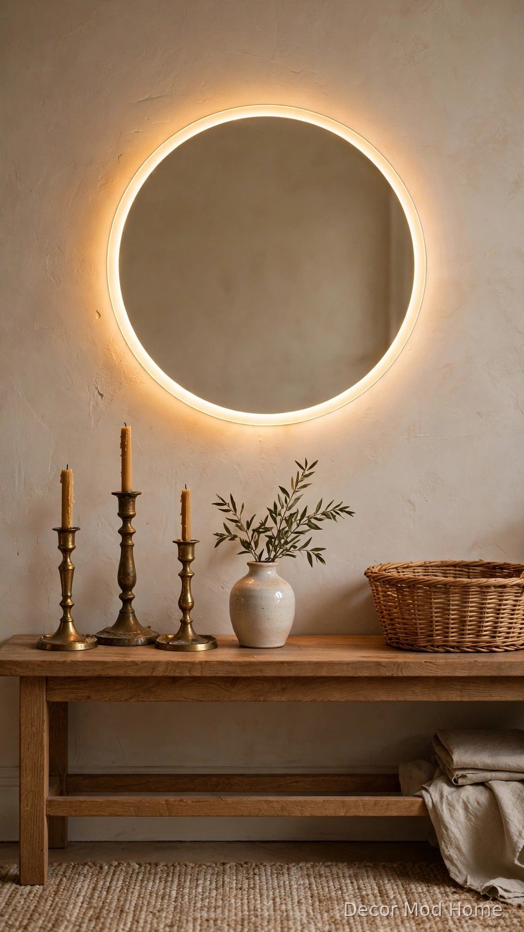 Glowing round LED mirror above console with thrifted brass decor