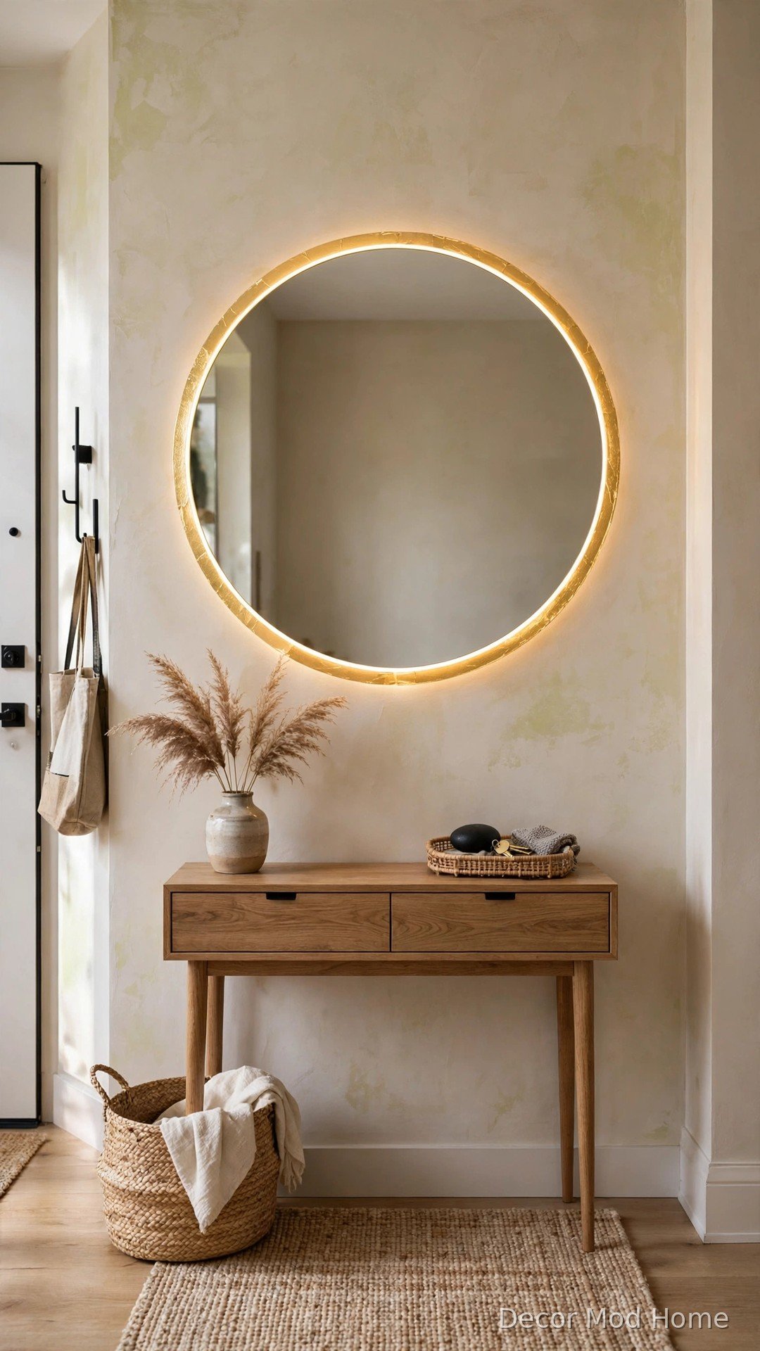 Frameless round LED mirror with DIY gold peel-and-stick trim