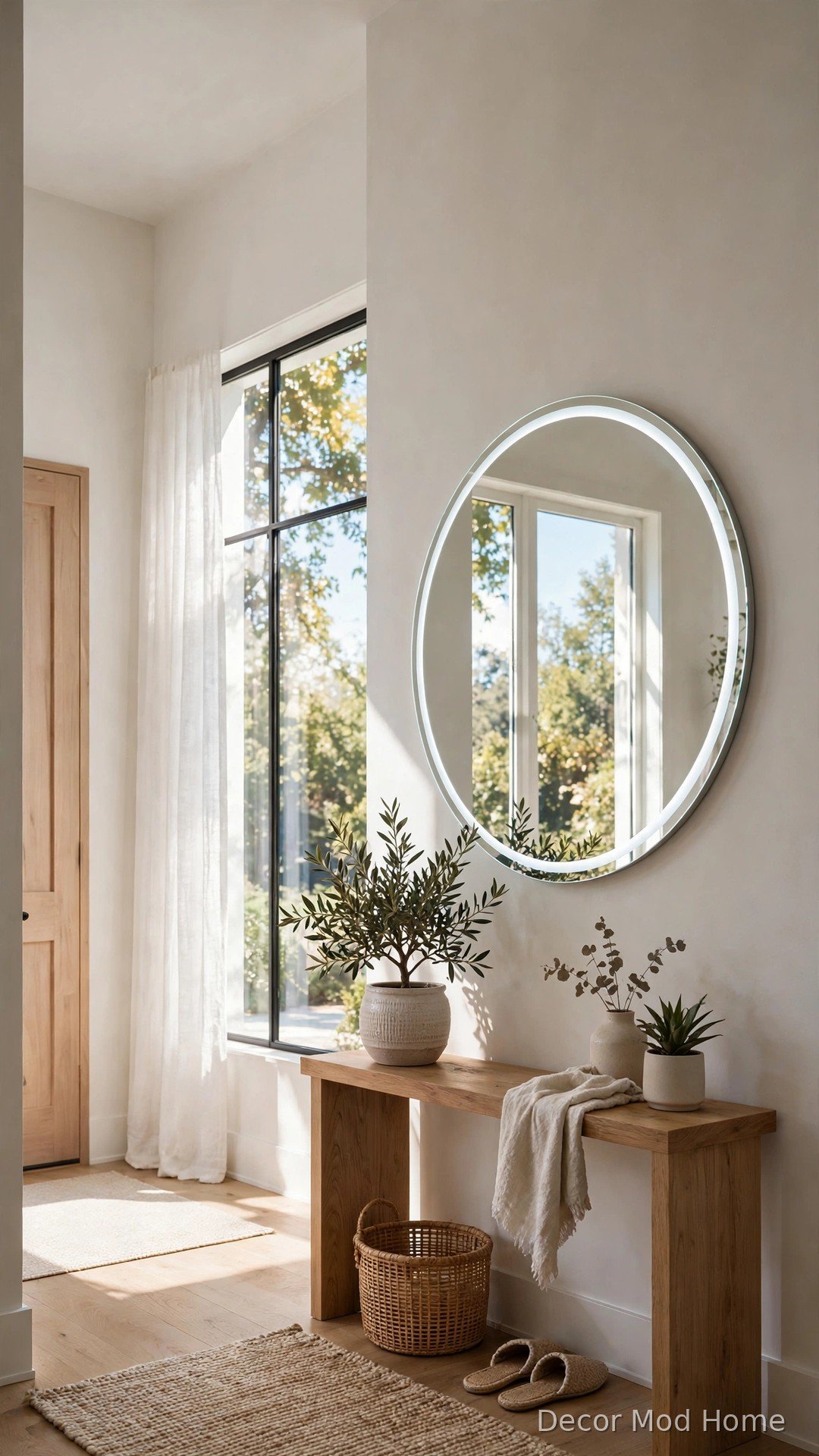 Round LED mirror on wall opposite a bright window doubling daylight