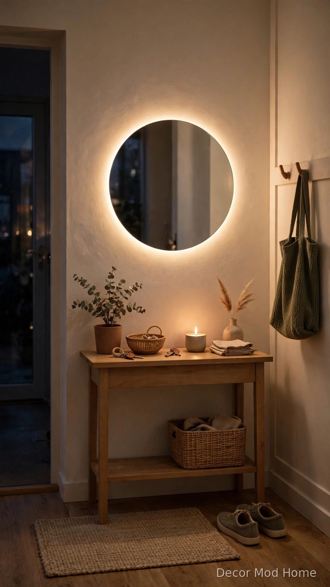 Cozy entryway with softly dimmed round LED mirror at night