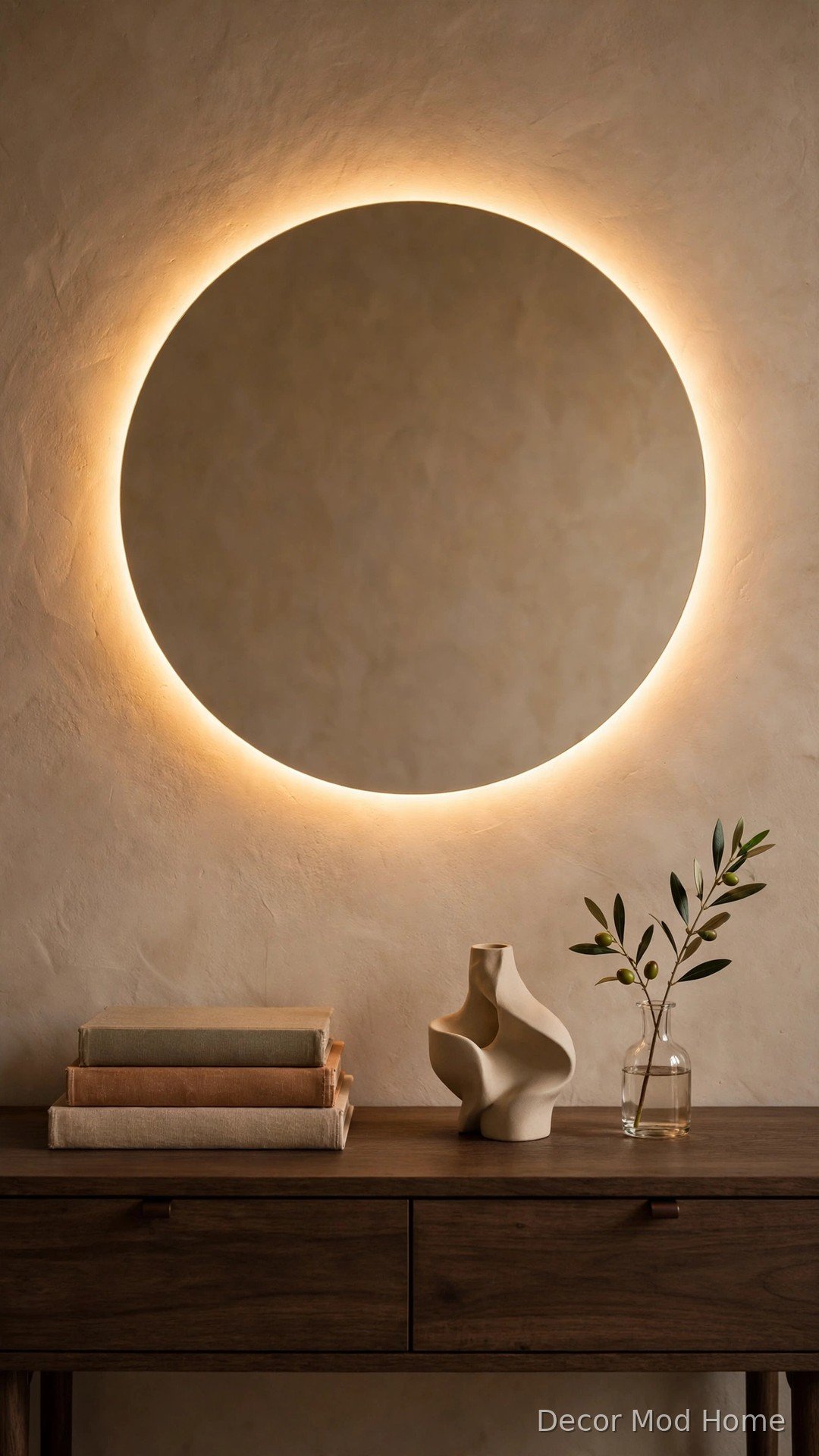 Styled console with books and vase beneath glowing round LED mirror