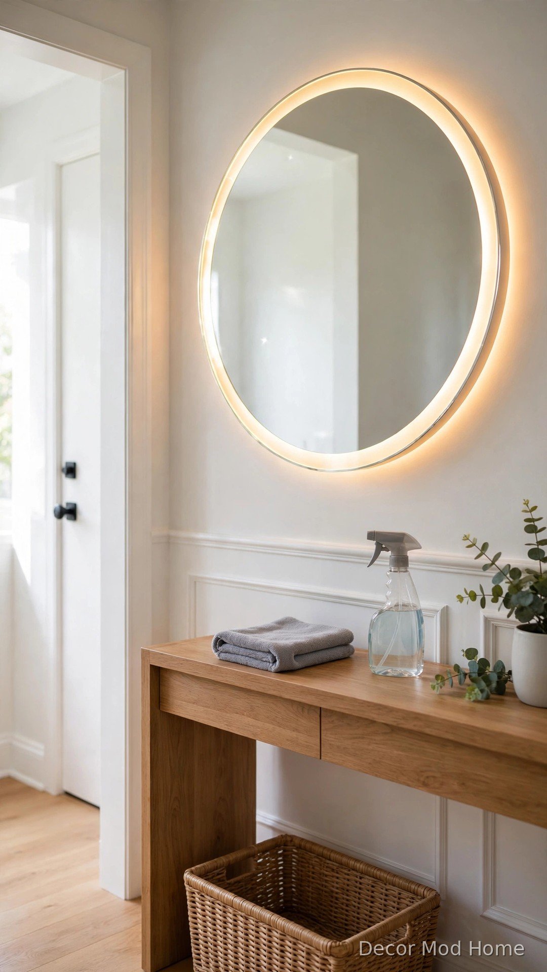 Sparkling clean round LED mirror with cleaning supplies on console