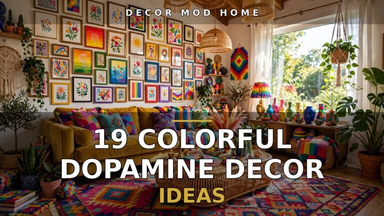 Colorful maximalist living room with rainbow gallery wall and text overlay