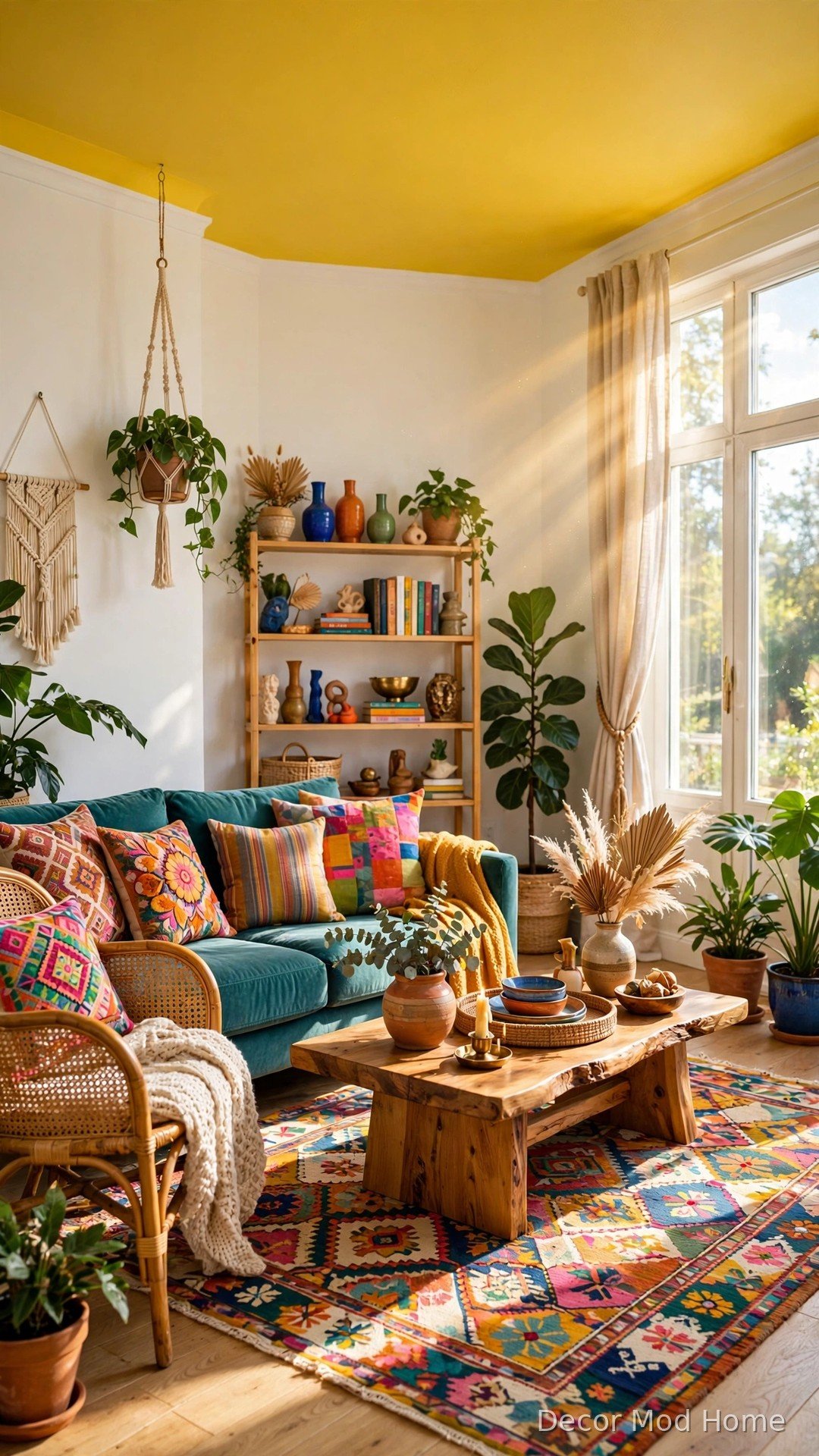 Living room with sunny yellow painted ceiling and colorful decor
