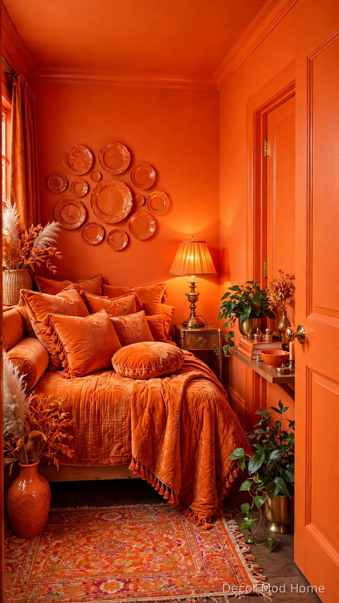 Small bedroom color-drenched in saturated tangerine orange