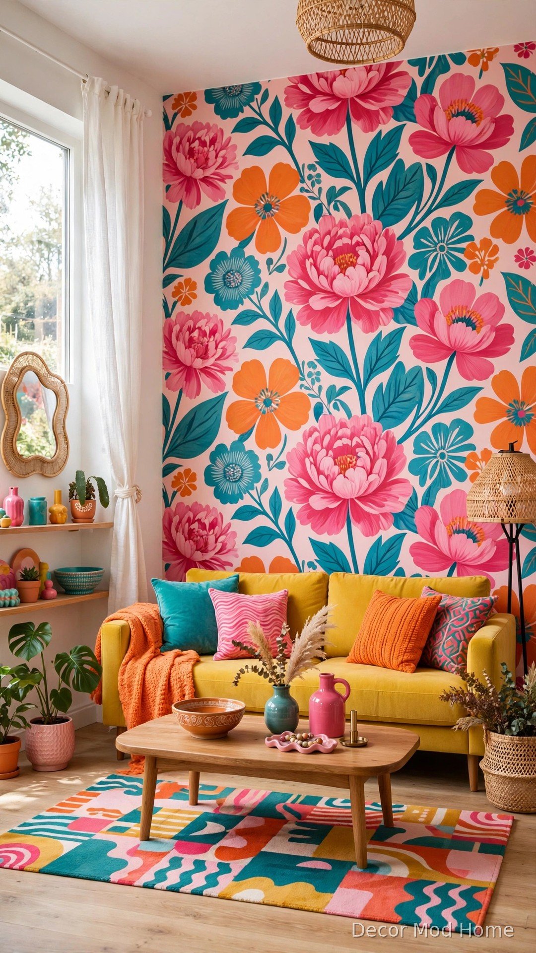 Playful oversized floral wallpaper feature wall in living room