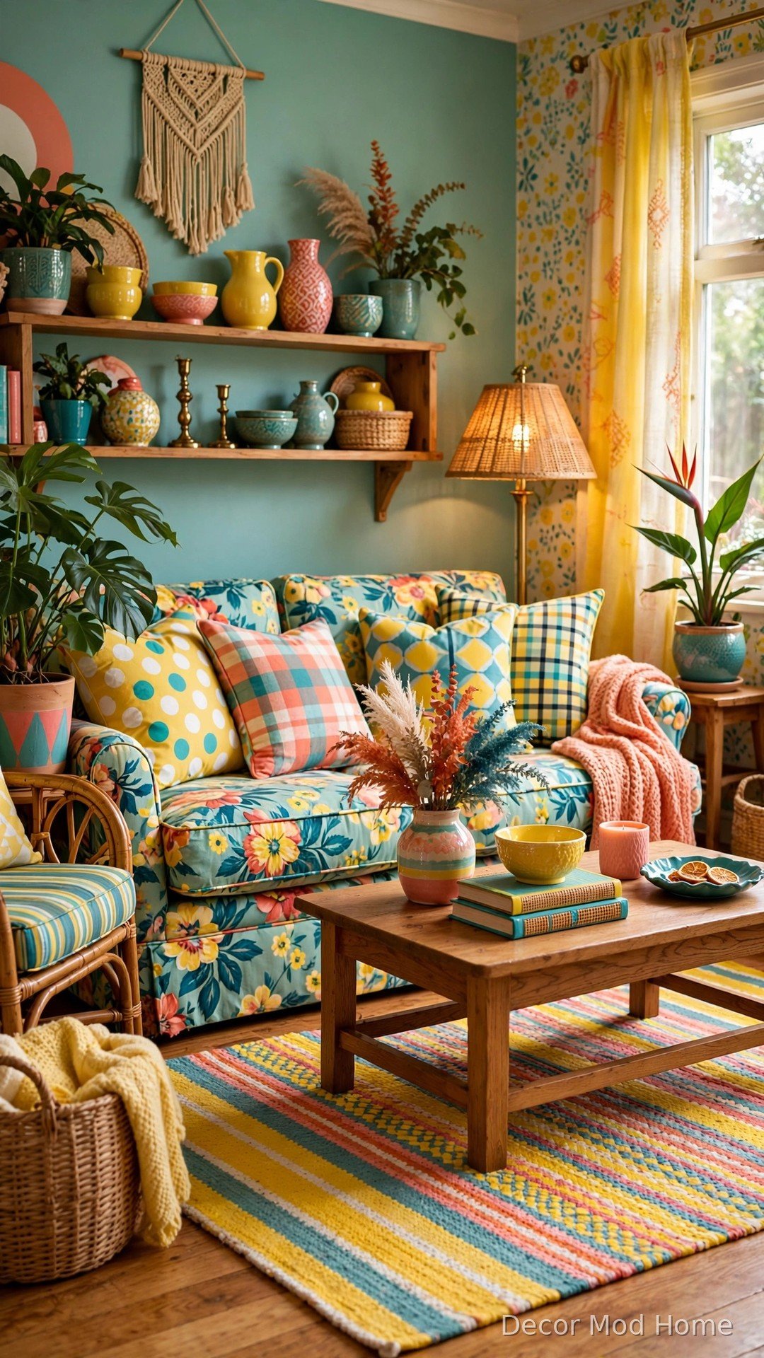 Mixed patterns living room with striped rug and floral sofa
