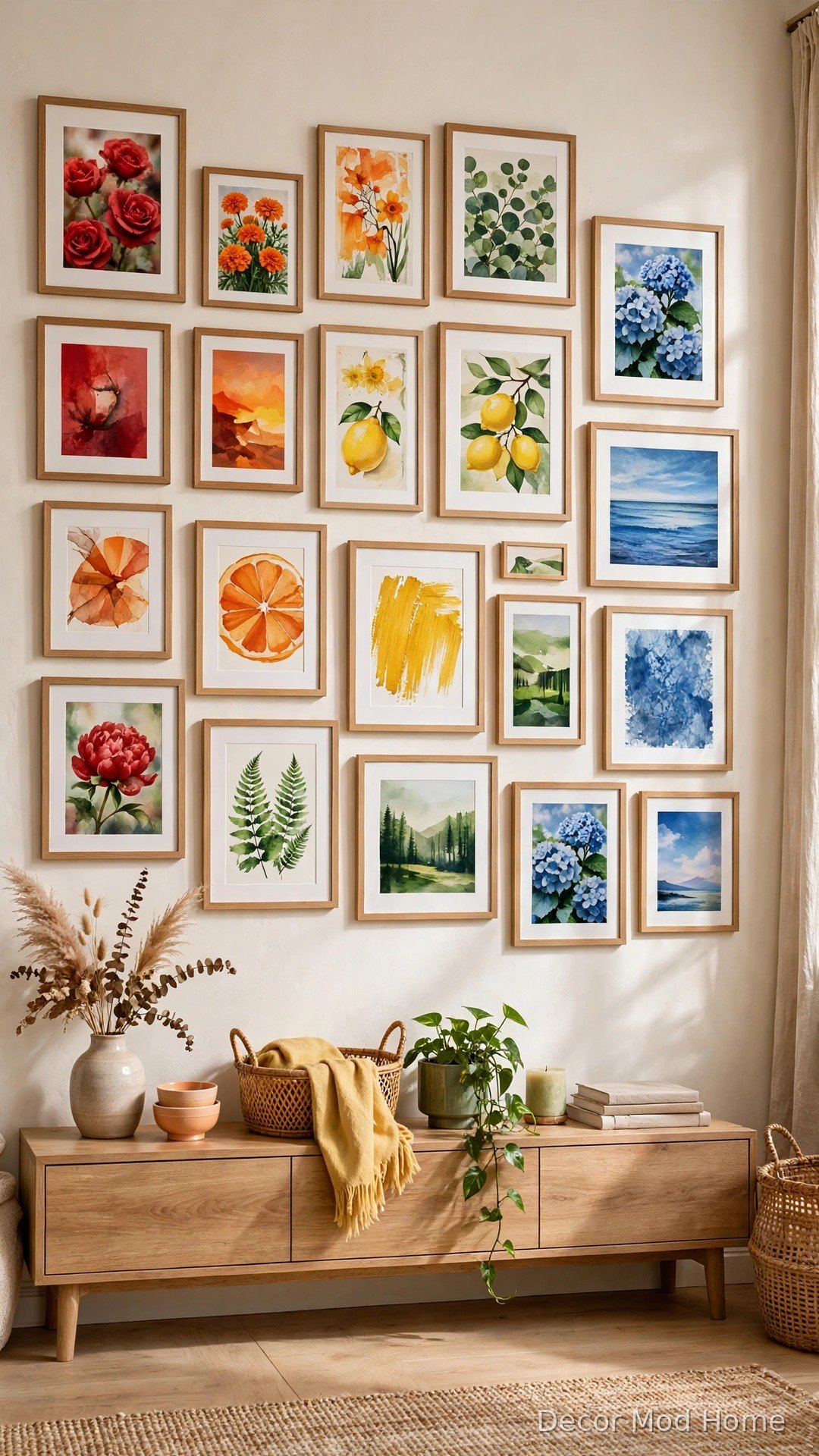 Rainbow gallery wall arranged in color spectrum order