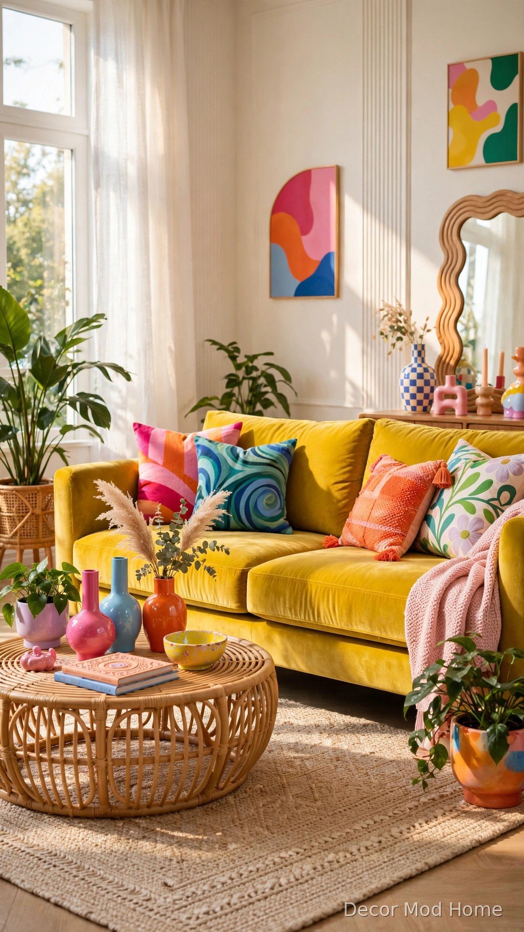 Mustard yellow velvet sofa in bright joyful living room
