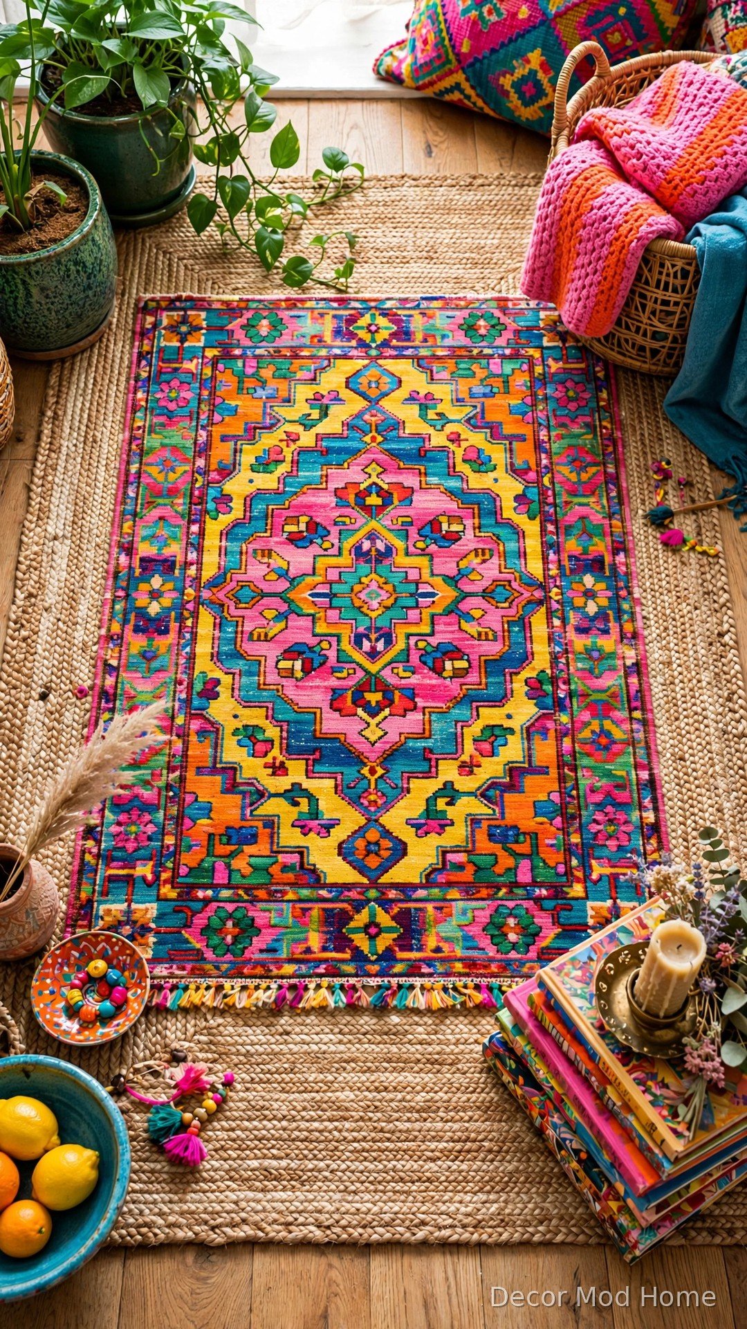 Layered colorful vintage rug over natural jute rug