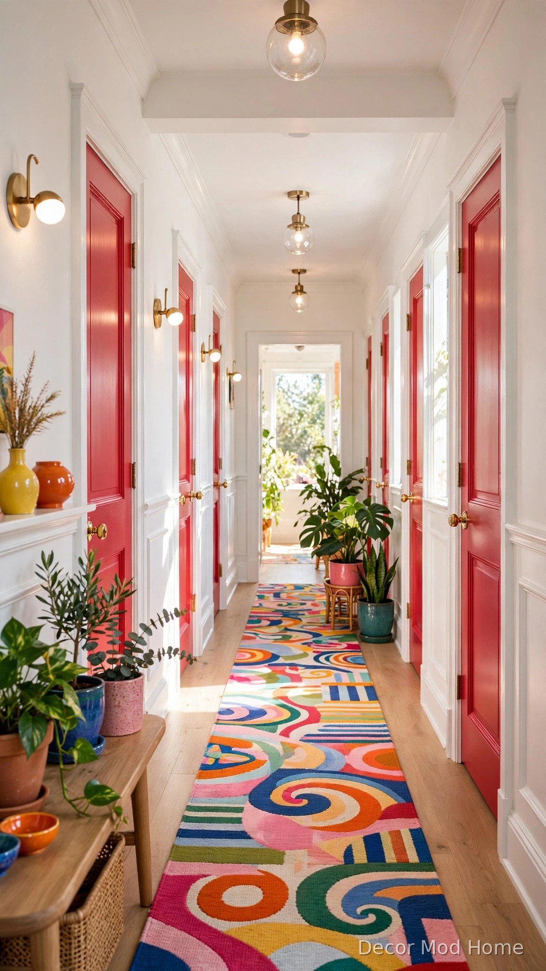 Cherry red painted interior doors in bright hallway