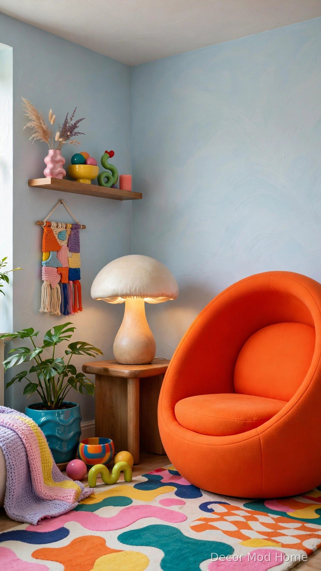 Mushroom lamp and orange bubble chair in playful living room