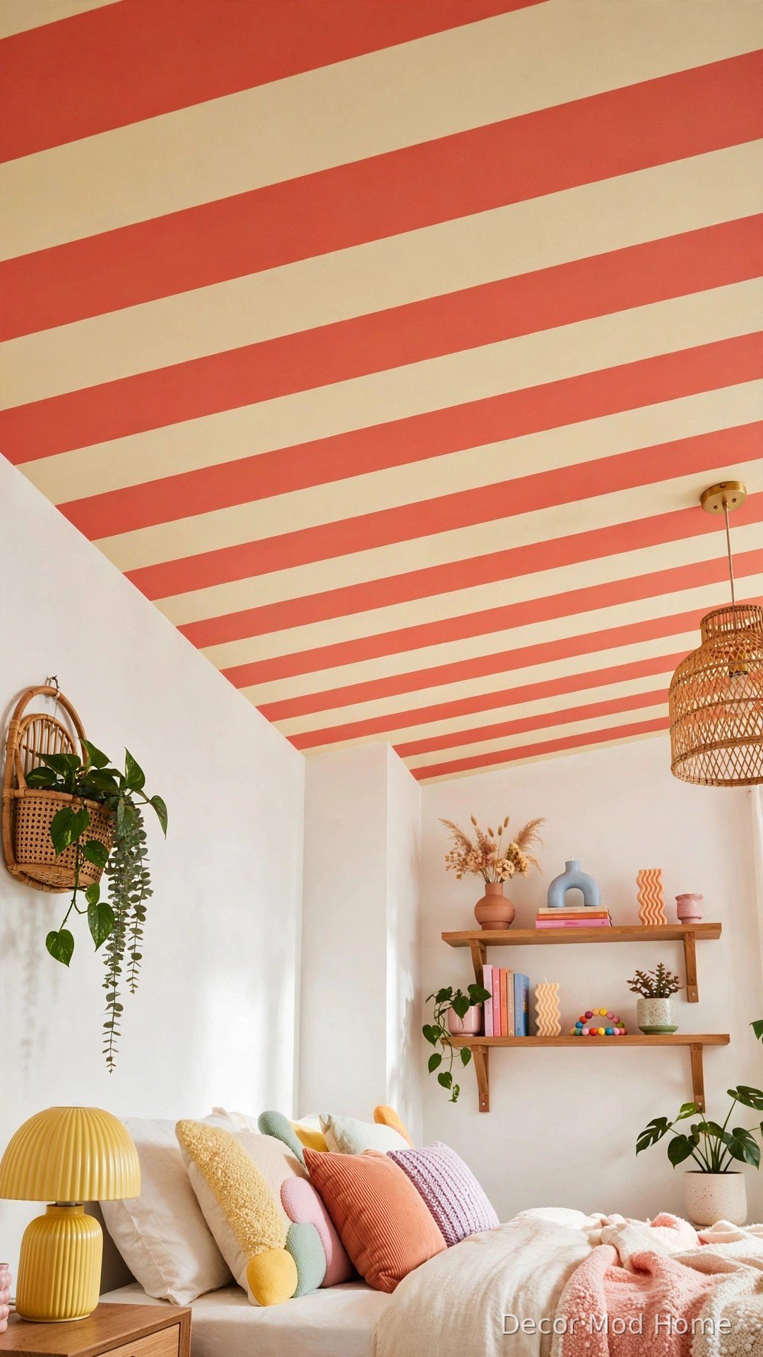 Bedroom with bold striped coral and cream patterned ceiling