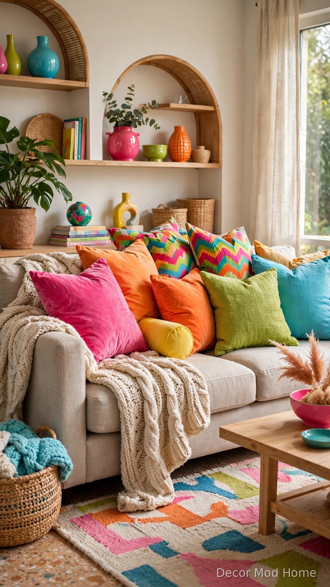 Neutral sofa piled with colorful throw pillows and knit throw