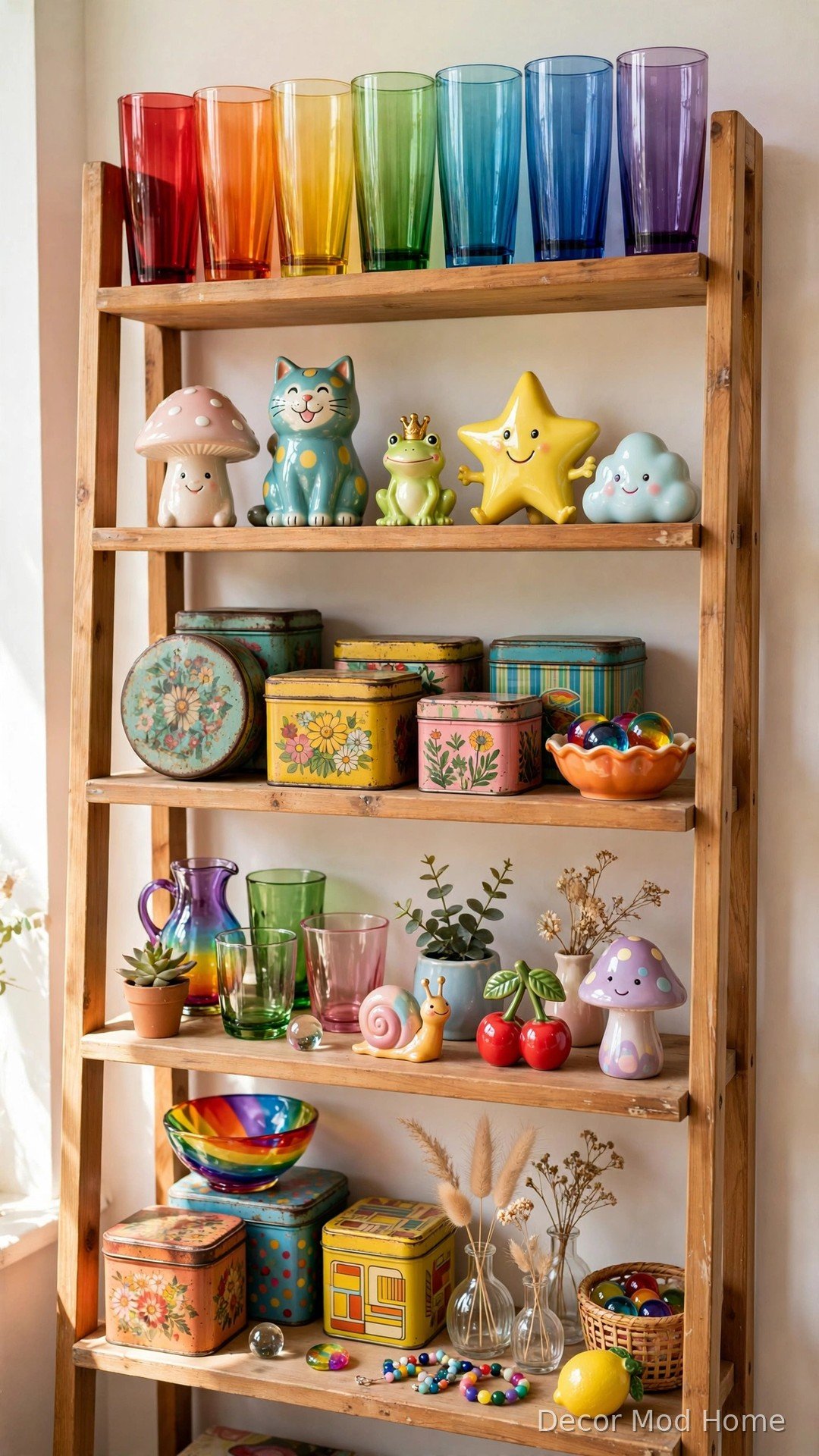 Shelf display of rainbow glassware and quirky colorful collection