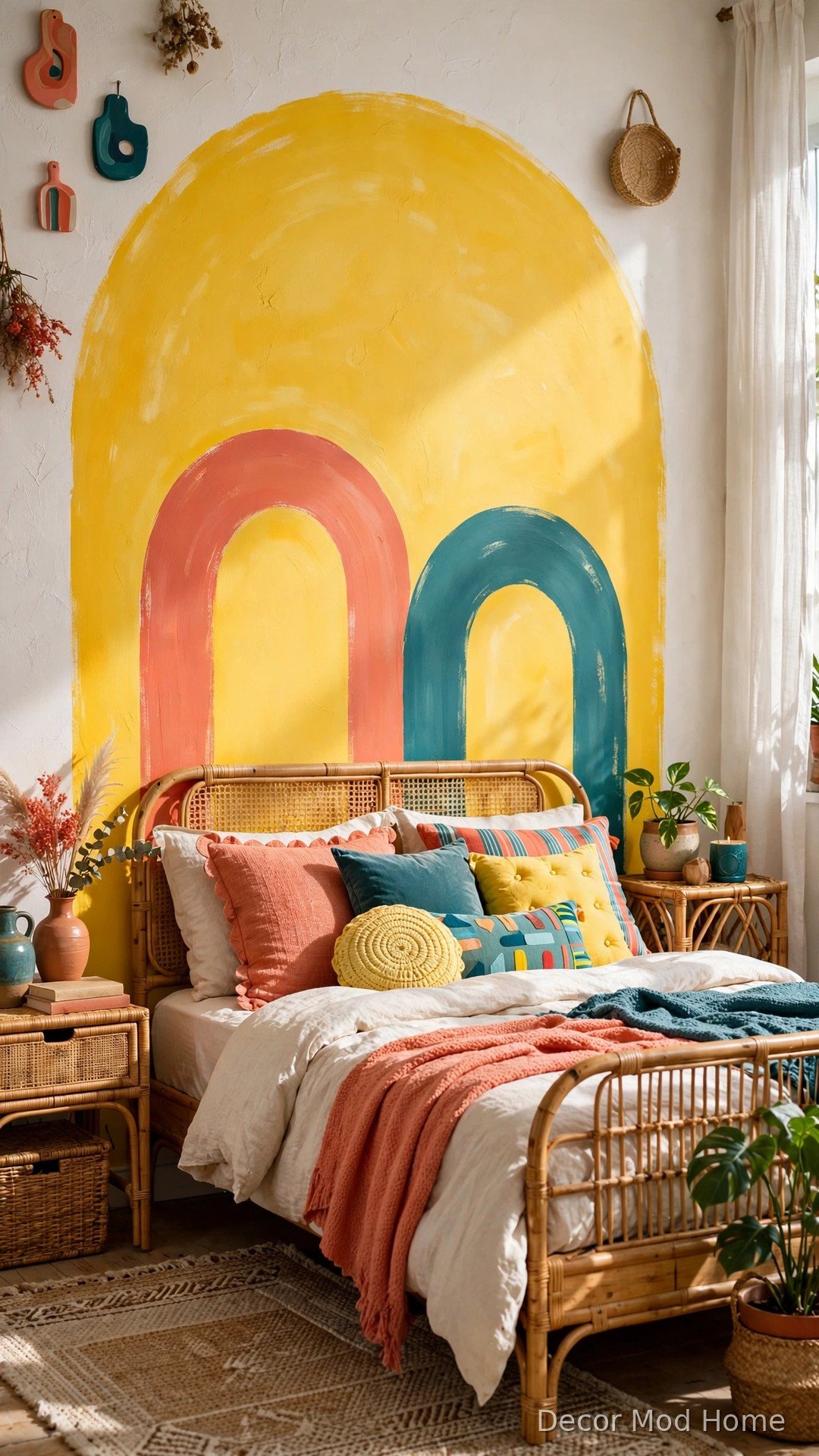 Hand-painted yellow arch accent wall behind rattan bed