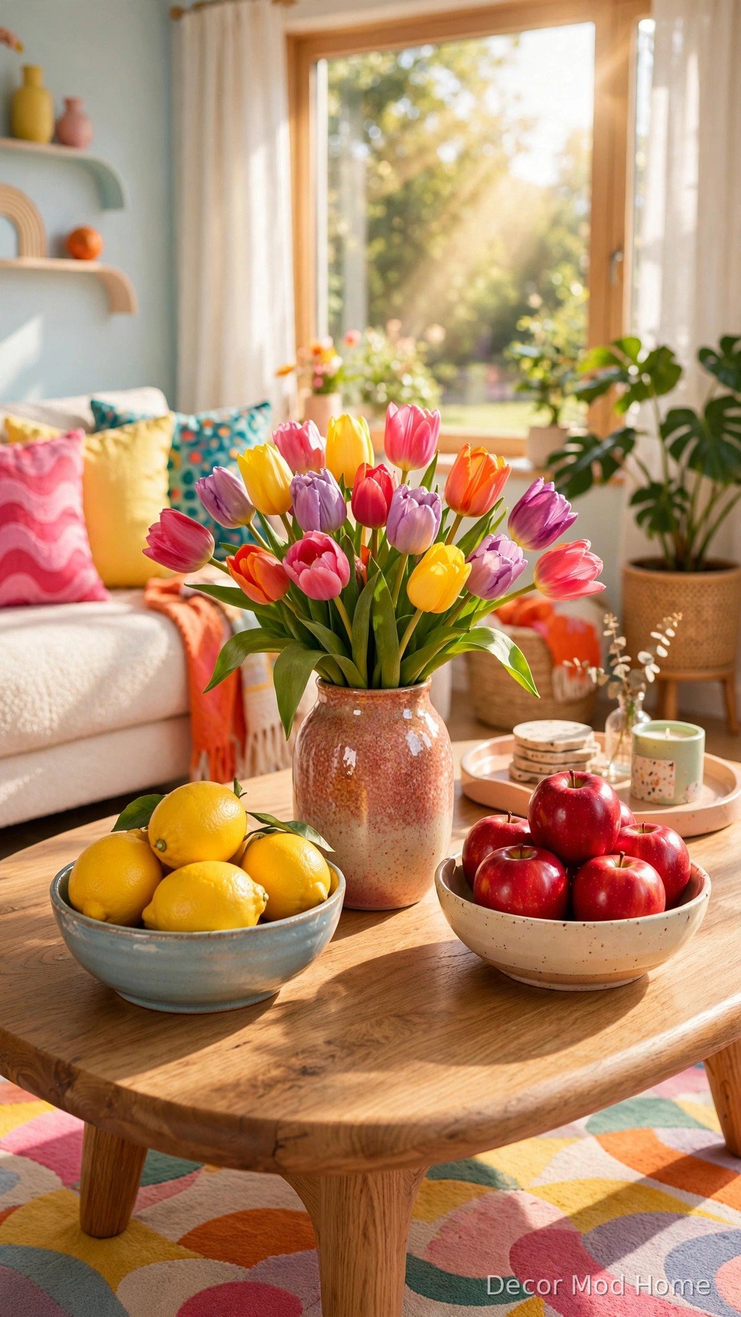 Coffee table with bowl of lemons and colorful tulips