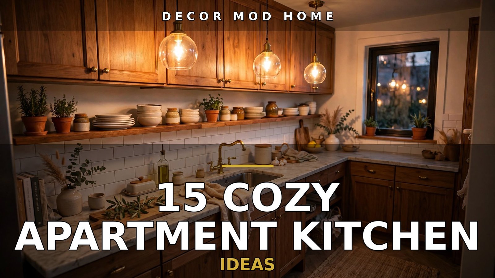 Cozy apartment kitchen with warm wood cabinets and pendant lights