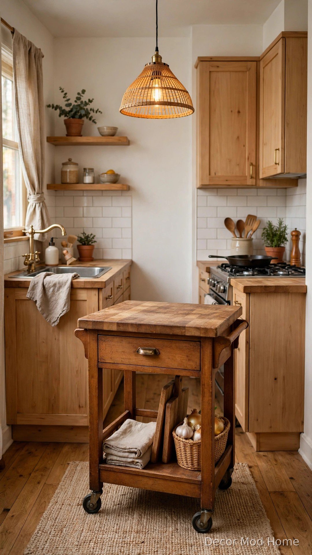 Rolling kitchen cart as a movable island in a small apartment kitchen