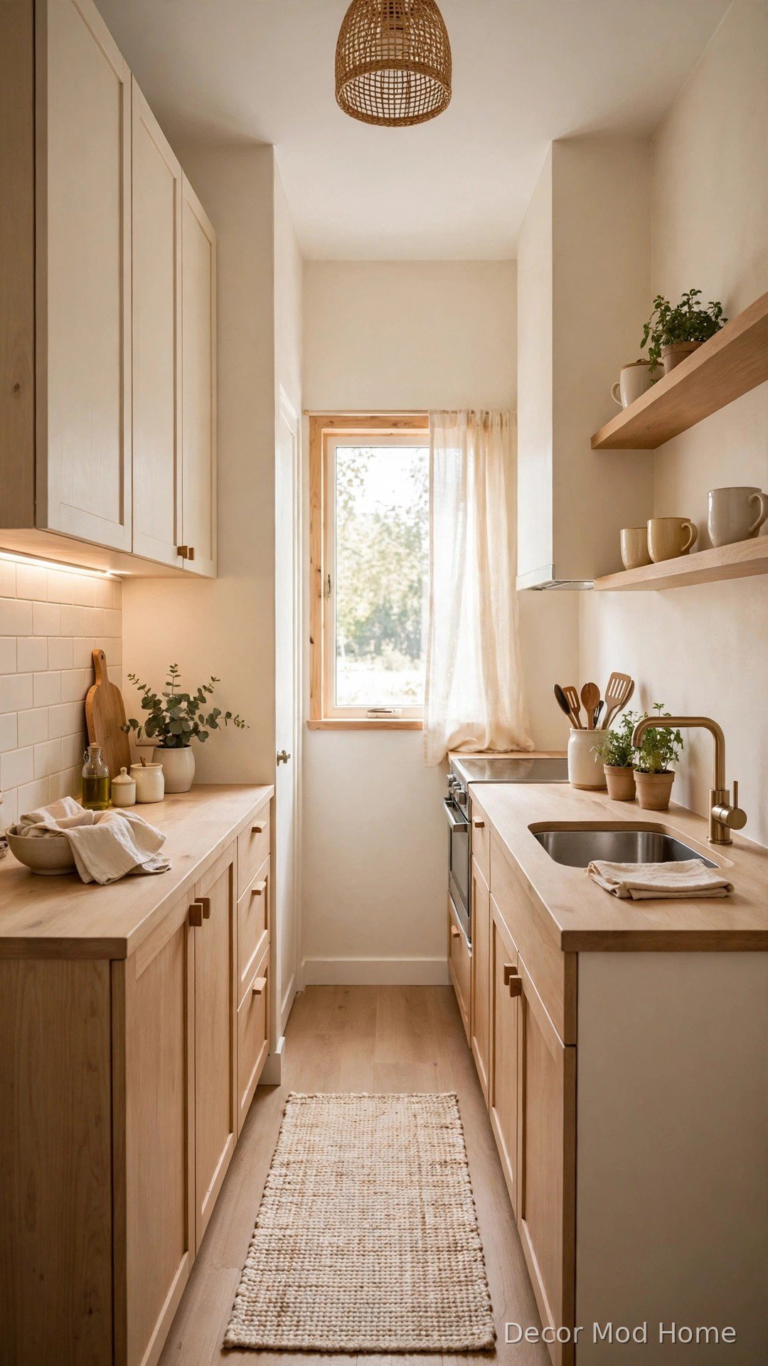Light-colored cozy apartment kitchen that feels spacious