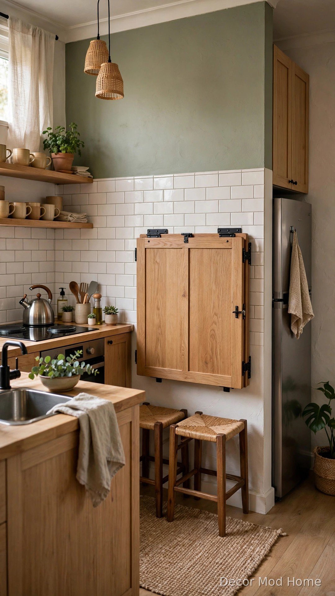 Fold-down wall-mounted dining table in a small apartment kitchen