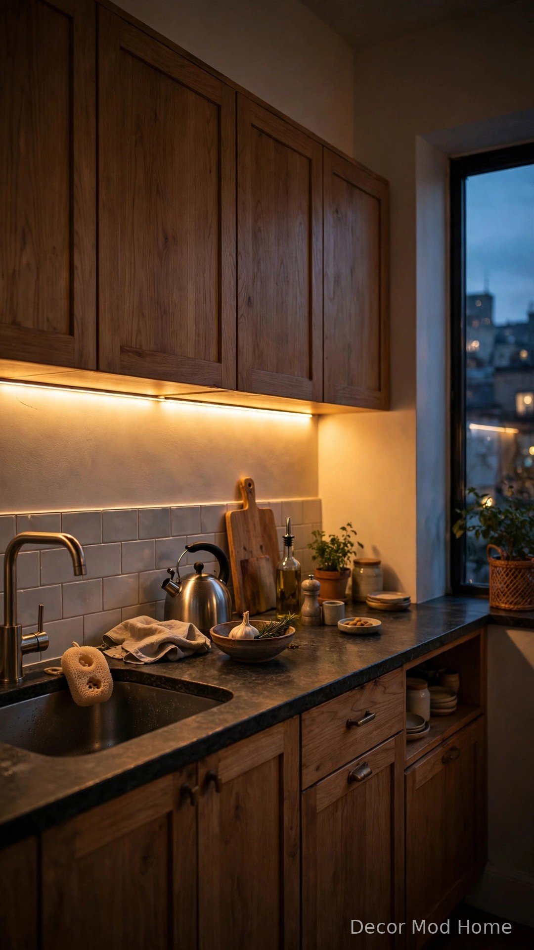 Warm under-cabinet LED lighting in a cozy apartment kitchen