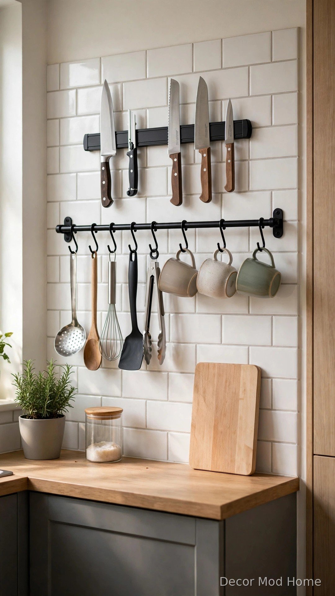 Magnetic knife strip and wall rail freeing counter space in a small kitchen