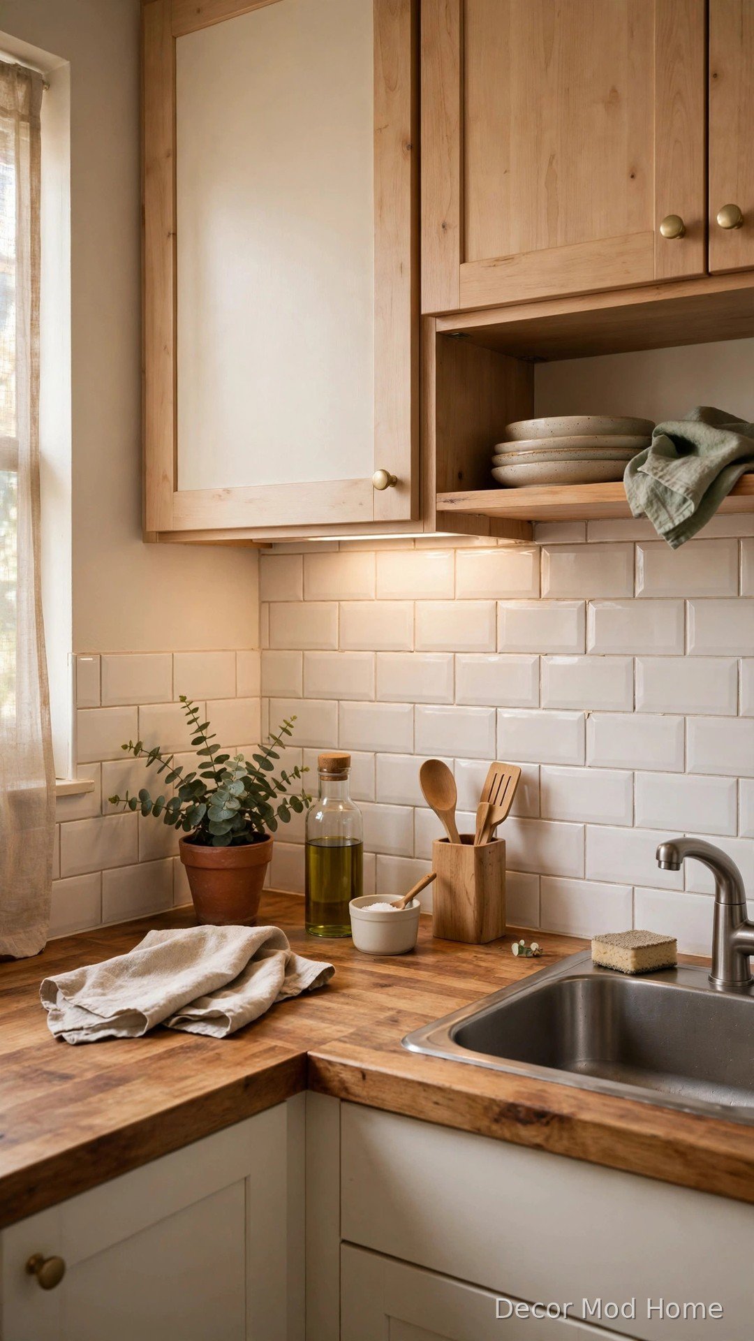 Peel-and-stick backsplash tile in a renter-friendly apartment kitchen