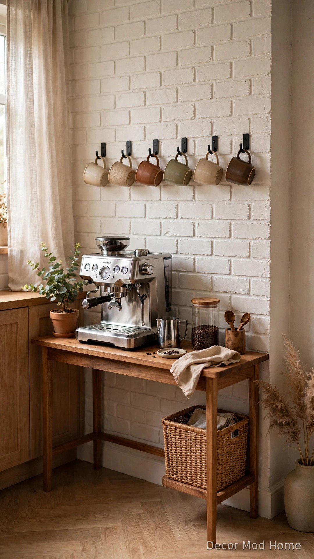 Coffee station on a slim console in a cozy apartment kitchen