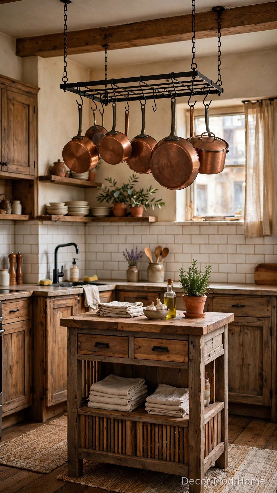 Ceiling rack with hanging pots and pans in a small apartment kitchen